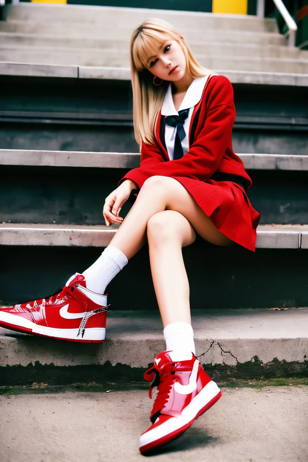 Air Jordan 1　Color　BLACK＆Beautiful girl wearing RED　blonde　Japanese　high school student