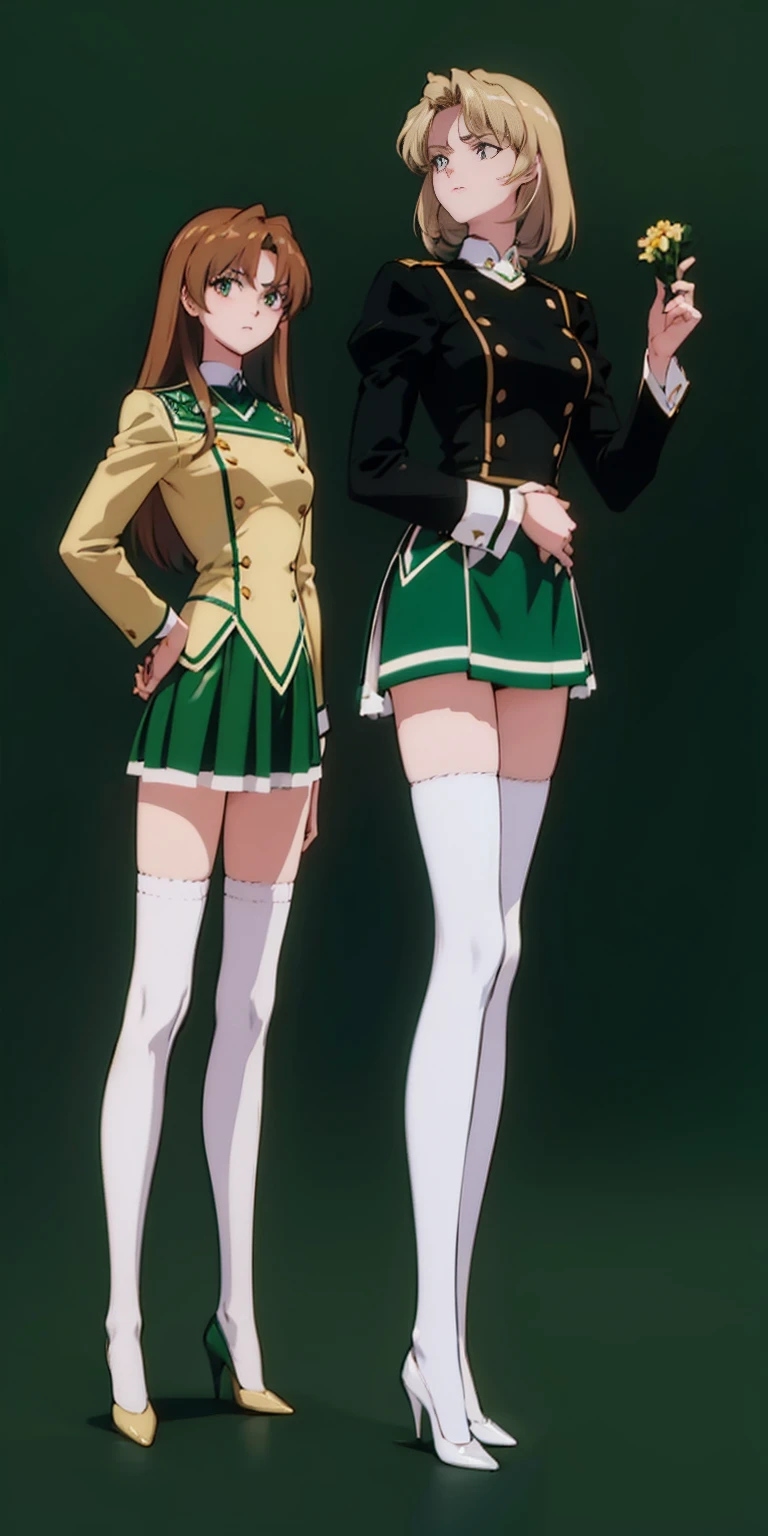 (((full body photo))) ((Masterpiece, highres)), 2girls, duo, twins, ((one brown haired girl, one blonde girl)), long hair, curly hair, matching hairstyles, different hair color, confident, elegant, (((matching outfits, matching uniforms, green uniforms, white thighhighs, long white socks, black high heels))), standing at attention, shoulder to shoulder, same pose, mansion, RETRO ARTSTYLE, 1990S (STYLE)