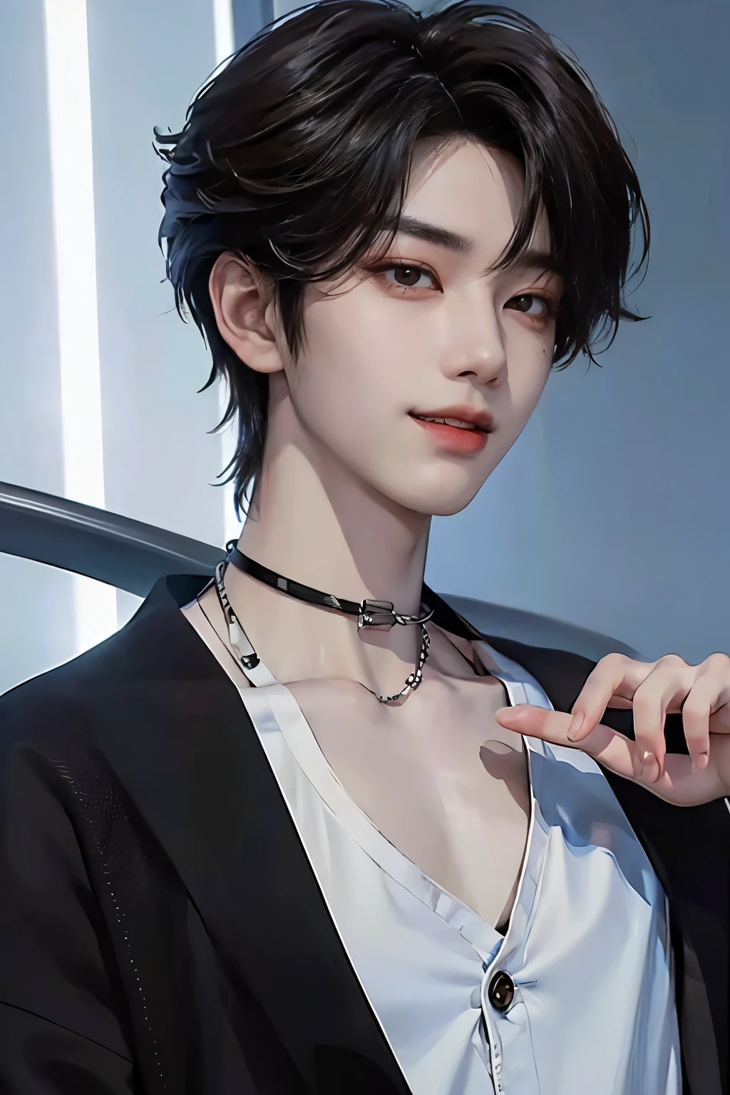 ((4K works))、masterpiece、(highest quality)、((High level image quality))、((One Manly Boy))、Because I'm slender、black cardigan、((Men's Fashion))、(detailed beautiful eyes)、In a fashionable city、working on a pc in the office、Face similar to Chaewon in Ruseraphim、((Short hair over the ears))、((face becomes smaller))、((neutral face))、((light brown eyes))、((Korean boy))、((18-year-old))、((Handsome guy))、((Teeth and smile expression))、((korean makeup))、((long and sharp eyes))、((photo of a model))、((Like a celebrity))、professional photos、black cardigan、wolf cut、The neckline is longer
