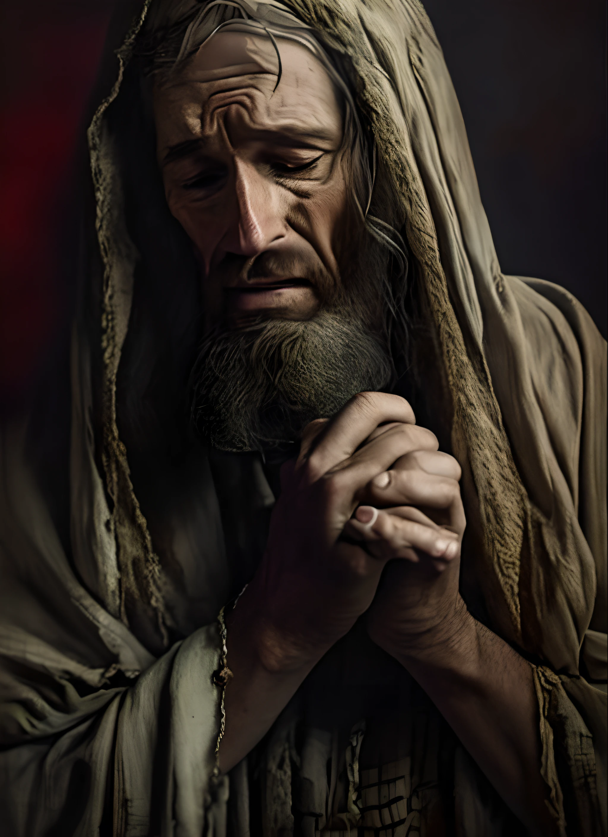 um close up de um homem com barba e manto, Rezar, kneeling in prayer, saying a prayer, Jesus, Nicodemos, ultra realistic oil painting, Dirigido por: Scott Gustafson, he has a devastated expression, pintura digital ultra realista, his hands buried in his face, pintura suave ultra realista, with a sad expression, beautiful representation