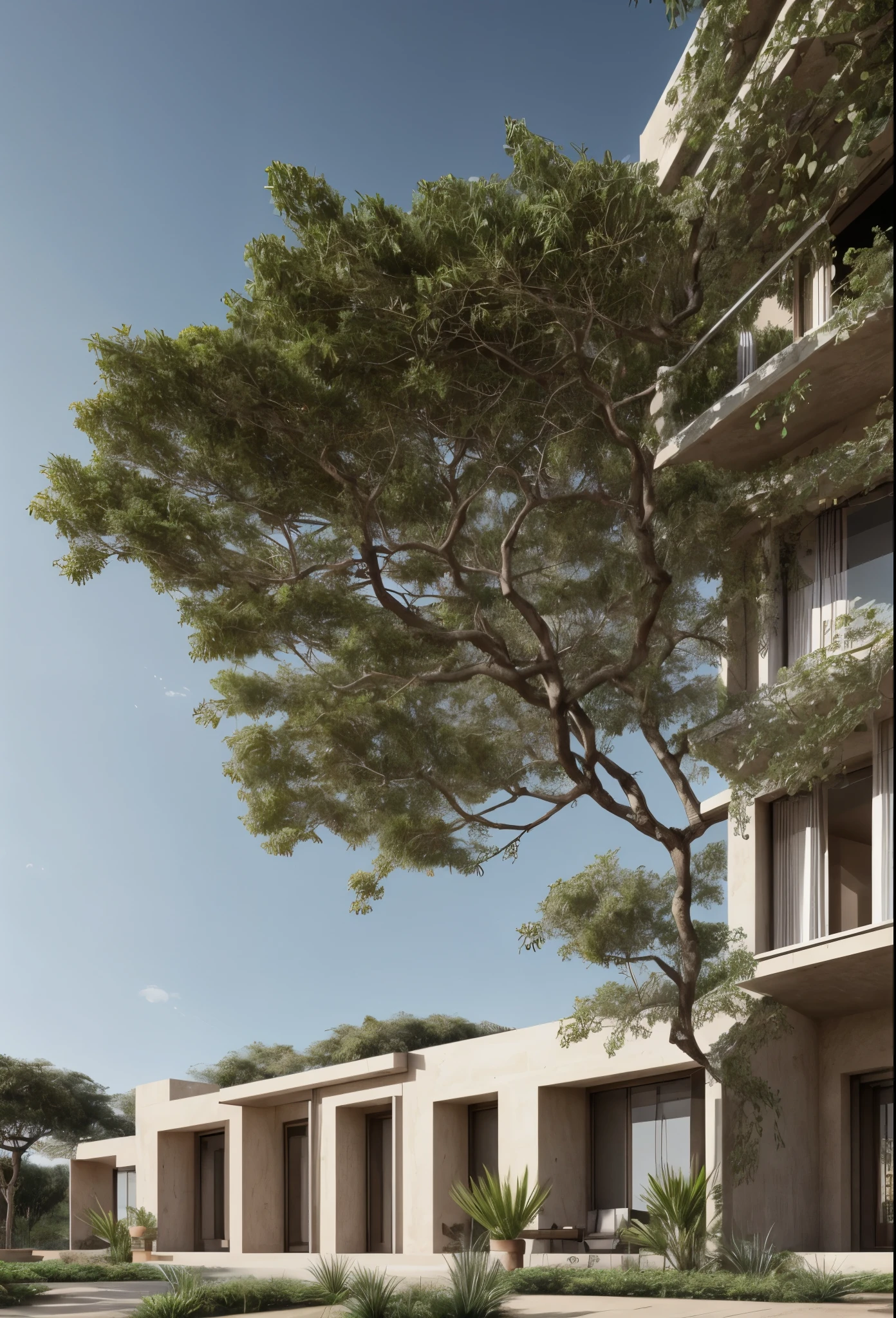 Architectural project for a reinforced concrete building, incorporating African symbolic elements into the sunset, with a design that seeks a unique fusion between the modernity of the structure and the cultural richness of the continent, standing out for its photo-realistic representation. (Foto realists) no meio da cidade! tree and plants, blue sky, poucas nuvens. 