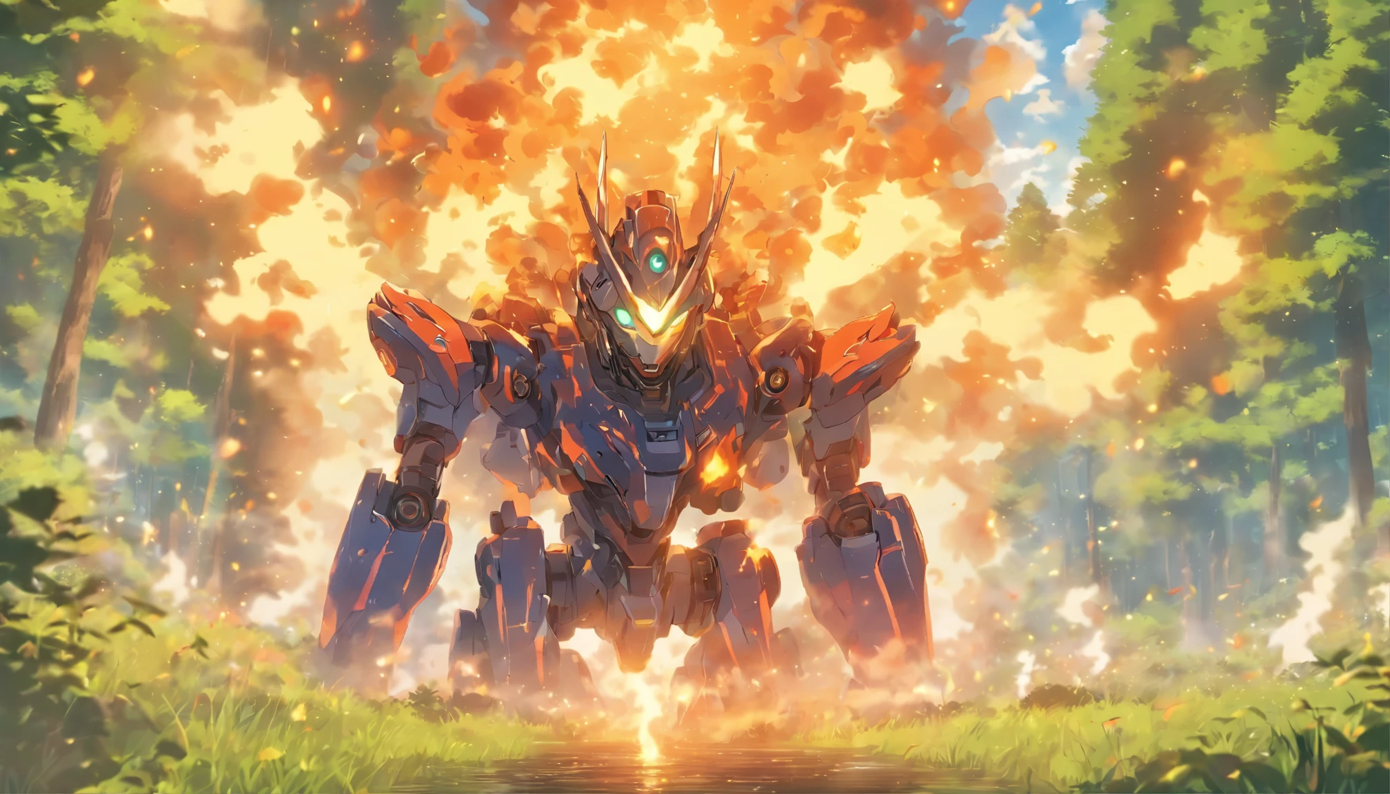 the robot exhales flames and smoke from its mouth, a stream of flame flies out of the robot's mouth, field, the forest, summer sunny landscape