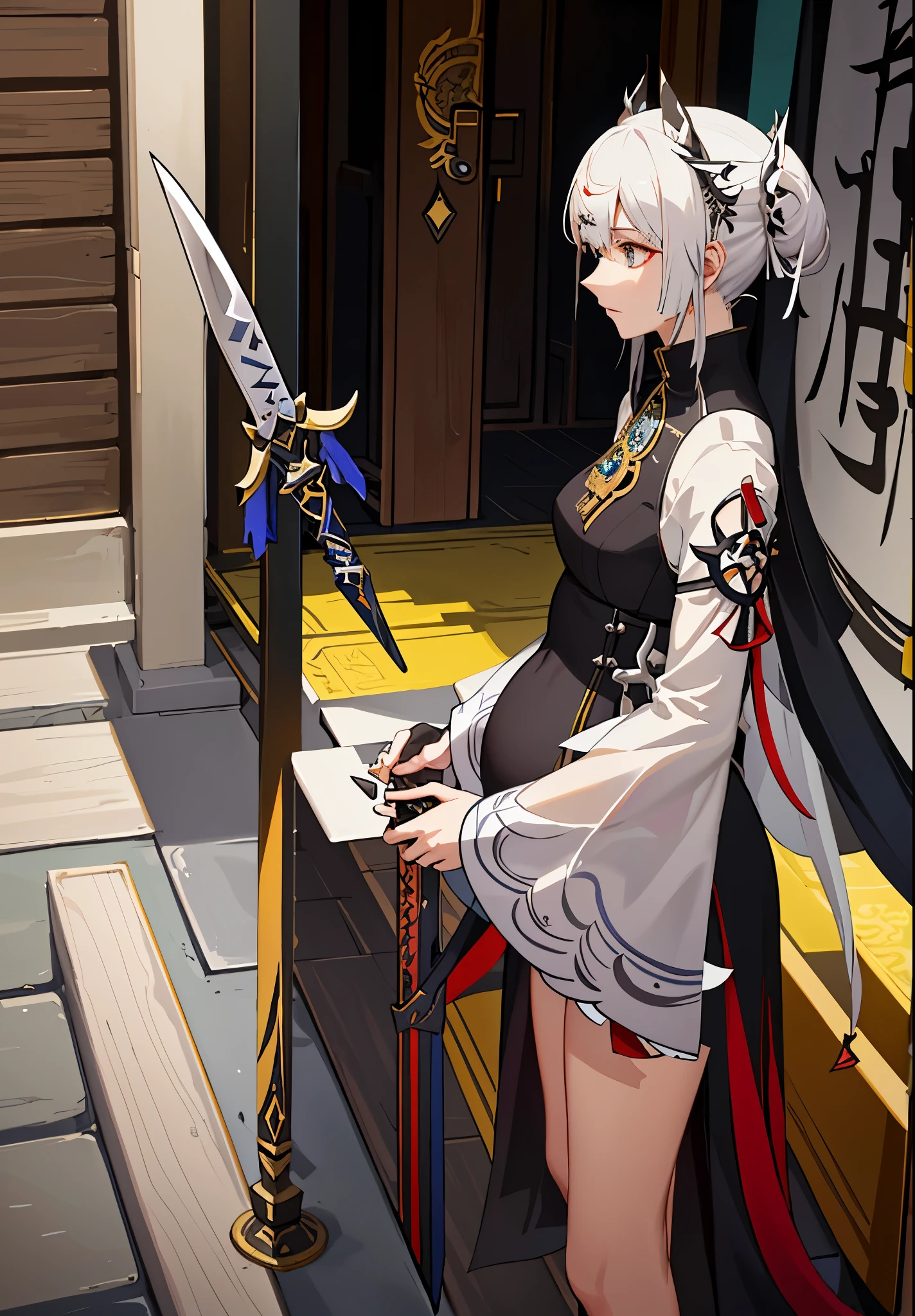 a woman in a dress holding a dagger and a dagger, video game character, from arknights, fox nobushi holding a dagger, hajime yatate, keqing from genshin impact, white haired deity, with small sword, ayaka genshin impact, female action anime girl, official character art, anime character, pregnant anime girl, fetus