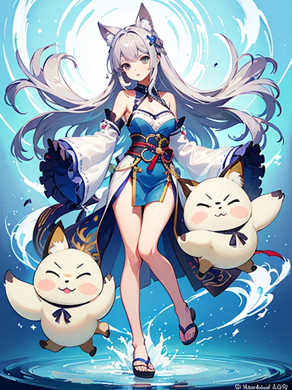 ((highest quality)), ((masterpiece)), (be familiar with), perfect face, one girl、cute、Noble、clear、15 years old、big breasts、breasts、small face、baby face、long hair、silky hair、Habitual hair、Braid in one place、bluish silver hair、pale blue jinbei、Sheer clothes、Jinbei without sleeves、sleeveless clothes、extremely short bamboo miniskirt、Full body figure、つま先から頭のてっぺんまでのFull body figure、足先から頭までのFull body figure、fox ears、No underwear、Zori sandals、