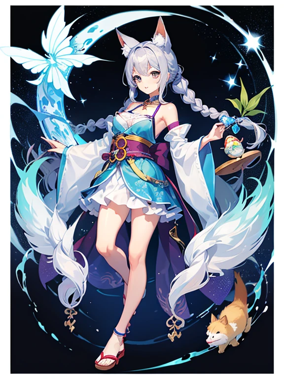 ((highest quality)), ((masterpiece)), (be familiar with), perfect face, one girl、cute、Noble、clear、、big breasts、breasts、small face、baby face、loilky hair、Habitual hair、Braid in one place、bluish silver hair、pale blue jinbei、Sheer clothes、Jinbei without sleeves、sleeveless clothes、extremely short bamboo miniskirt、Full body figure、つま先から頭のてっぺんまでのFull body figure、足先から頭までのFull body figure、fox ears、No underwear、Zori sandals、