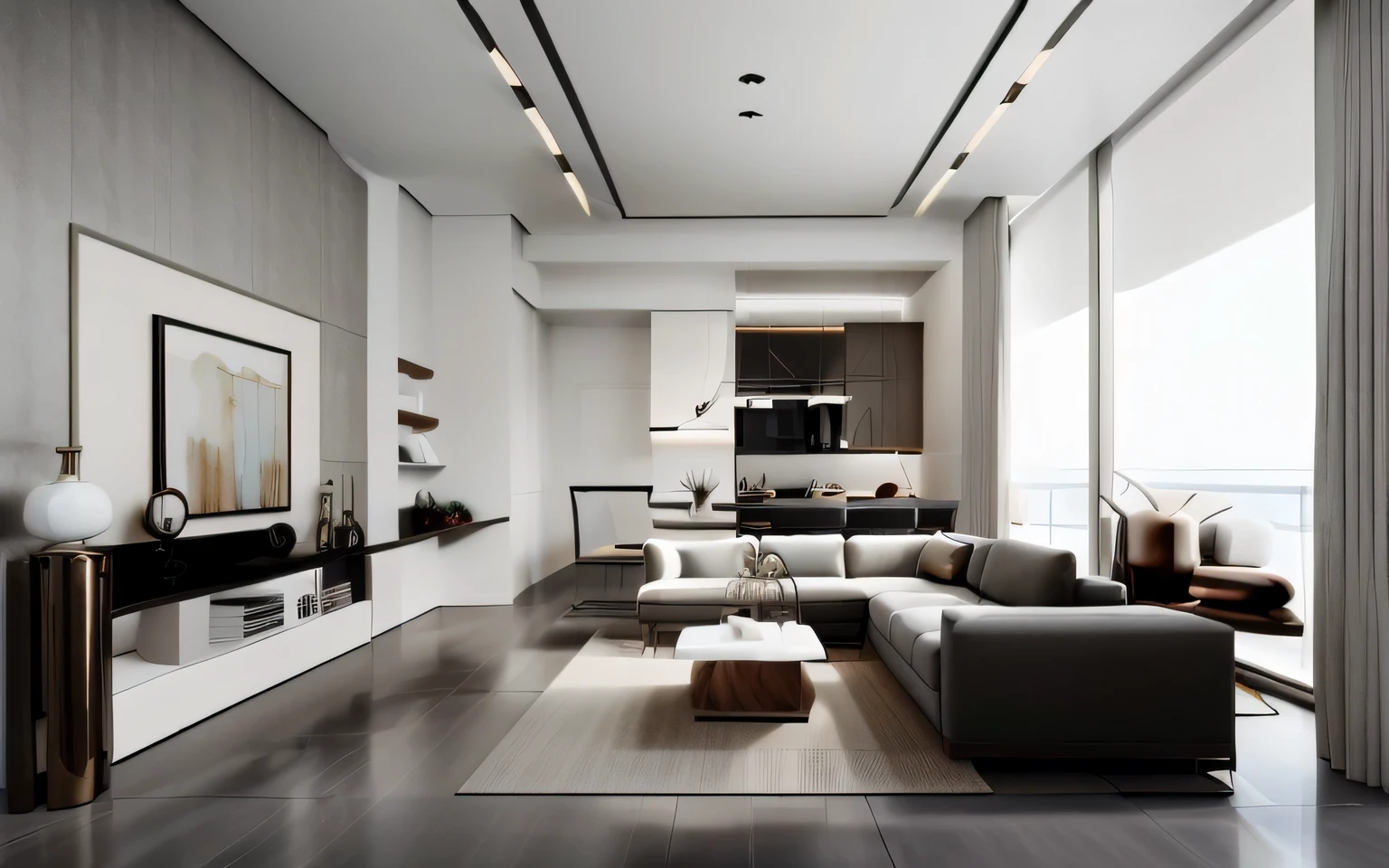 there is a living room with a couch, a table, and a television, modern look, bright modern style, modern style, wood floor, fresh modern look, luxury condo interior, precise architectural rendering, modern and minimalist, popular interior design style,daylight, architectural rendering, fresh modern style, tall ceilings,darkstone tivi background, stone tivi cabinet.