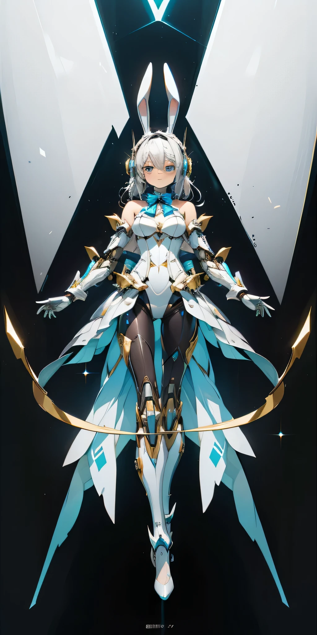 highest quality、unity 8k wallpaper、32K、masterpiece、Super detailed、ultra high resolution、cyborg bunny girl、android、バニースーツを着たandroid、rabbit ear headband headset、silk blue bunny suit、mechanical bow tie、mechanical cufflinks、mechanical joint、mechanical limbs、stiletto feet