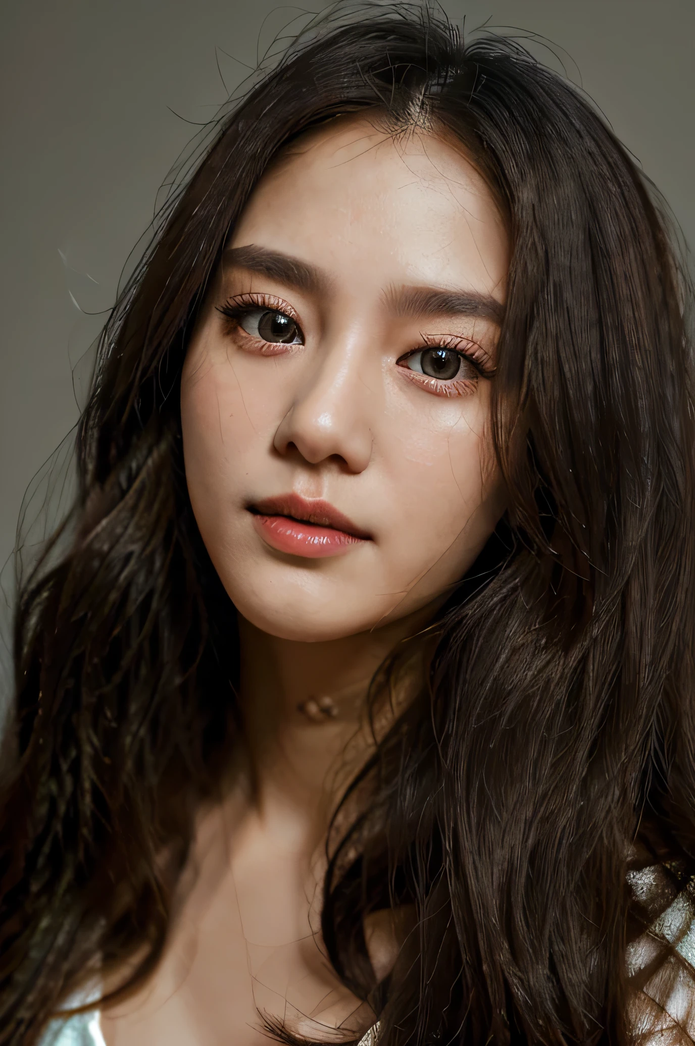 Realistic photo of (1 cute Korean actress) long straight hair, thin makeup, medium breasts, long dress, close up, Canon EOS clear facial features 8K high resolution, sharp detail, realistically