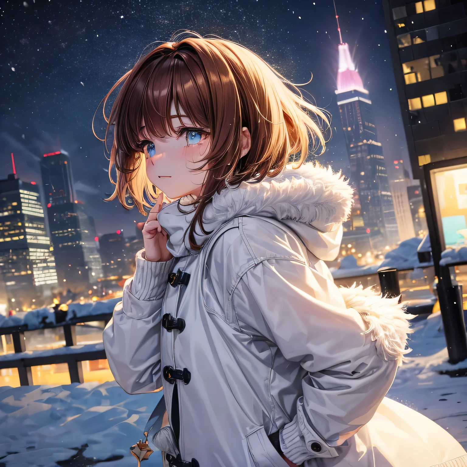 ((snowy night)) 、city、city、Skyscraper、OL,20-year-old、,Are crying、long white coat、jeans、1 girl, princess cut, bob cut、medium hair、ponytail、reddish brown hair ;that&#39;that&#39;It&#39;s snowing、standing pose、Are crying姿、view audience、Beige knit sweater、look up、