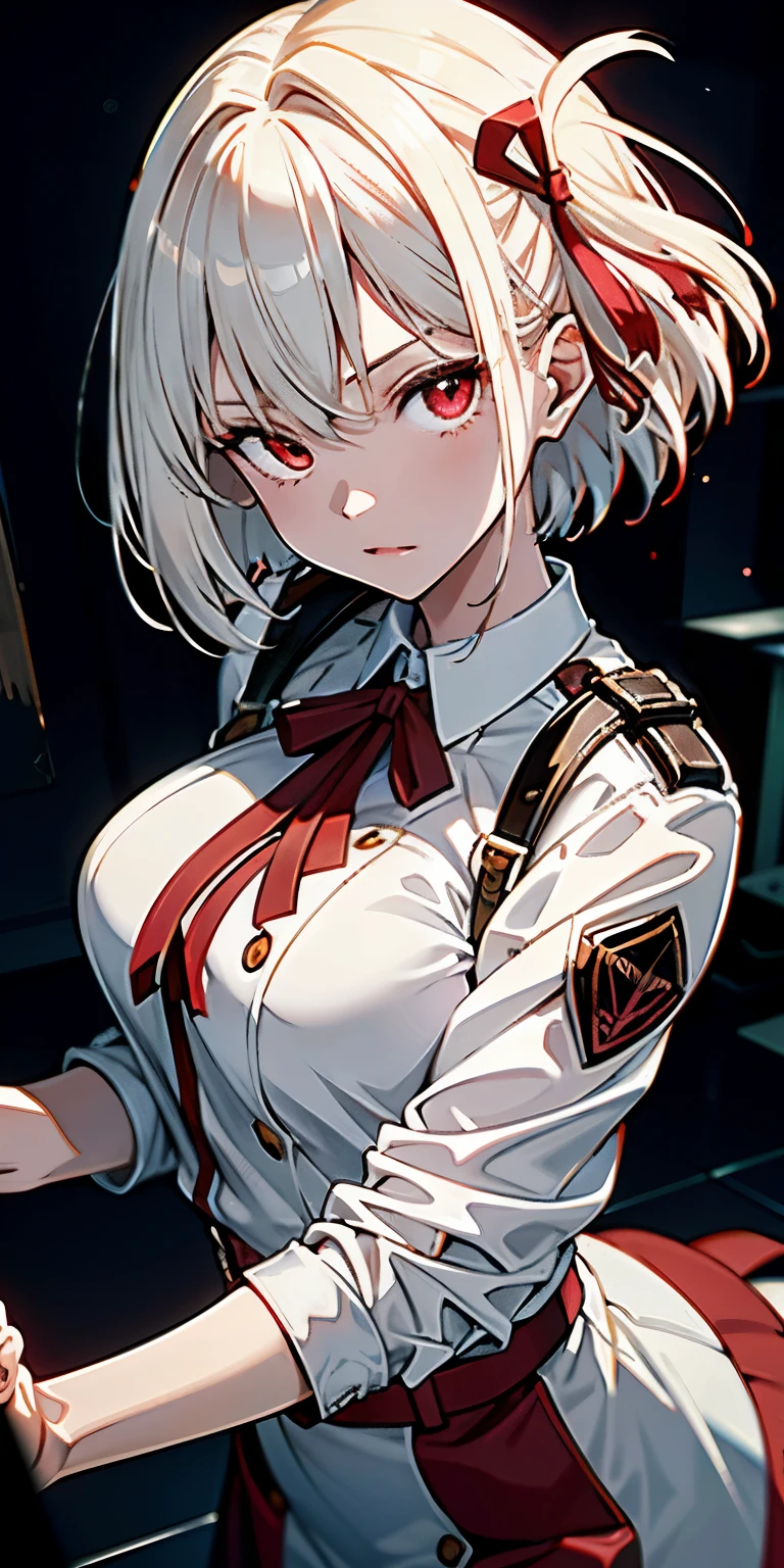 masterpiece , ( lite white short hair:1.2), (red eyes:1.2) , (8k, best quality 1.2), ultra-detailed, 8k uhd, soft lighting, high quality, film grain, beautiful lighting, cinematic ,perfect body , best illumination, best shadow, sharpness, contrast, red glasses, absurdres high detailed face, seen from above in spacesuit, space, floating, wide angle lens distortion, red eyes