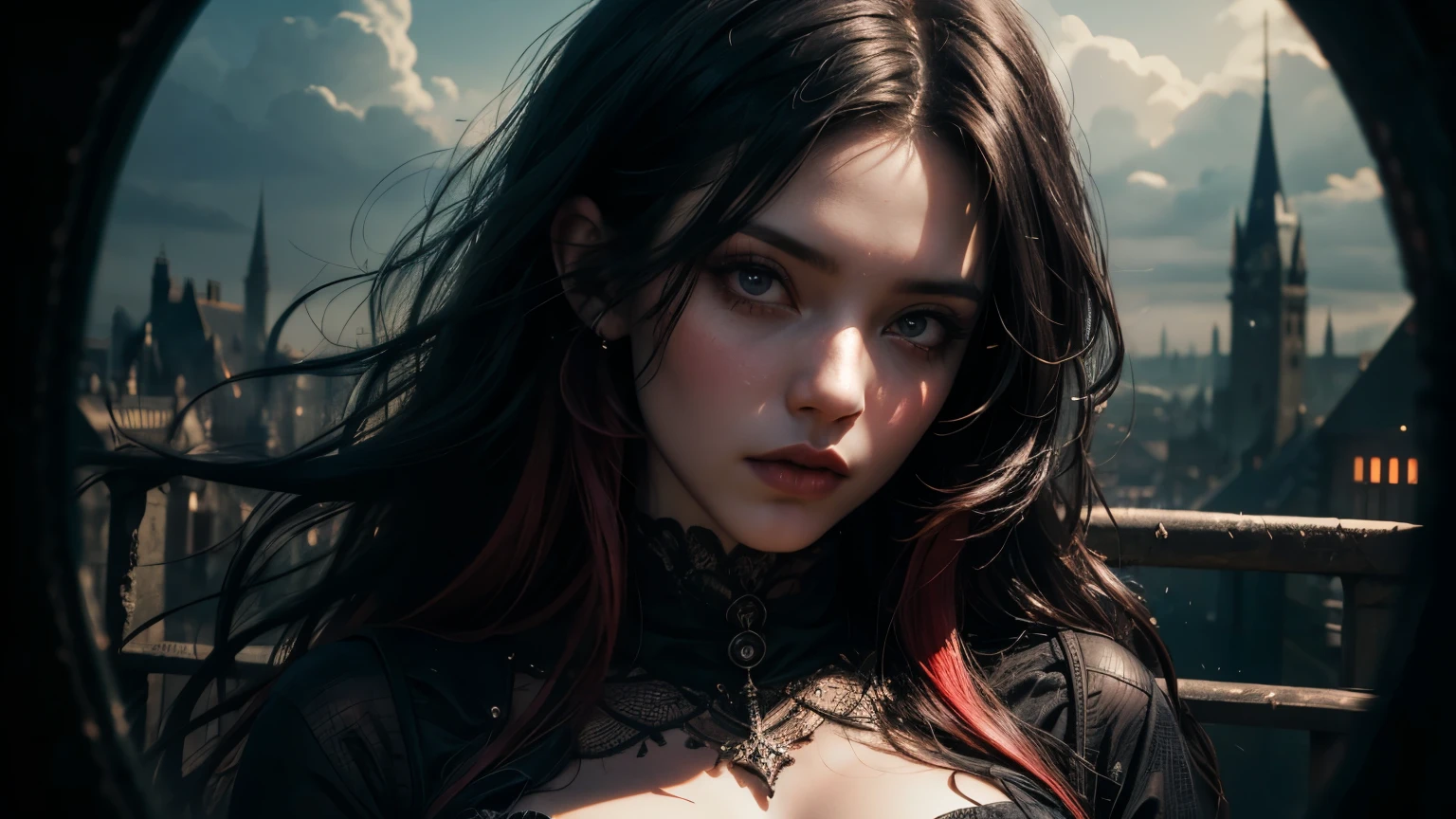 1 girl, gothic, black dress, long black hair, long red hair, castle, queen, ((85mm, atmospheric perspective, panorama, sideways, close-up, cinematic lighting, depth of field, Surrealism, 16k, best quality, high details, masterpiece, textured skin, highres))