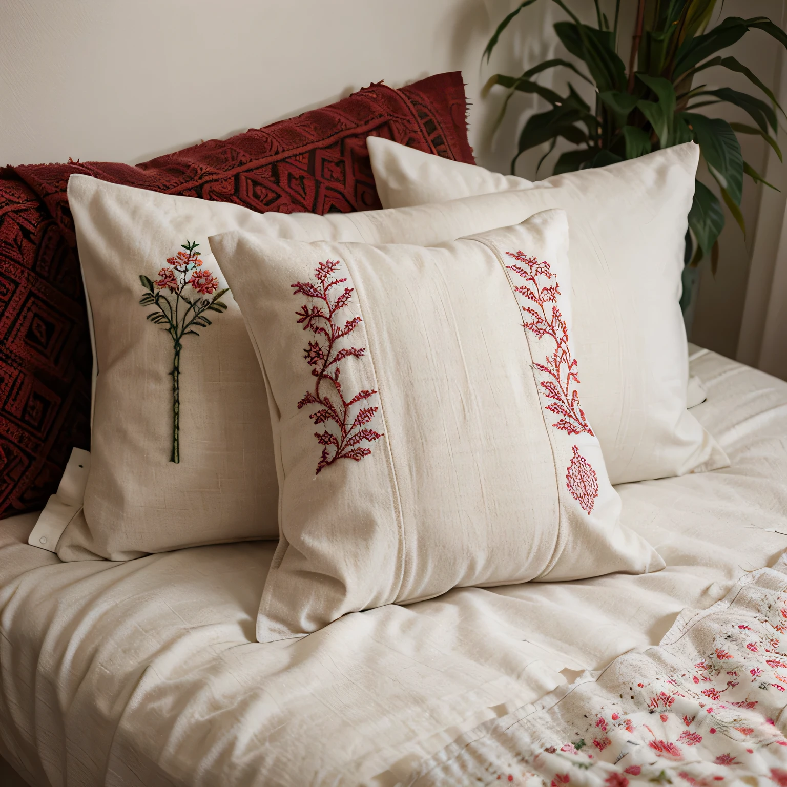 Bed Pillows embroidering and stitching designs onto pillow covers.