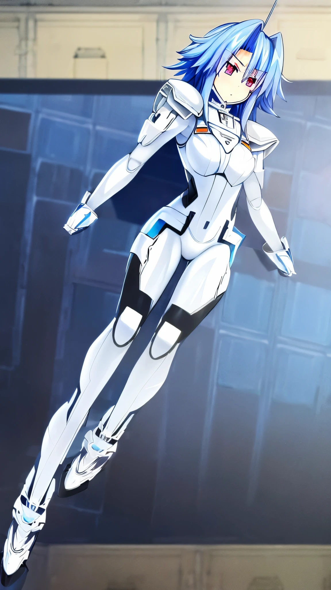 ((8k)), masterpiece, anime, (wallpaper), anime, (full_body), (White_Hair), blue_hair, red_eyes, small_breasts, (fortified_suit), white_bodysuit, ((armor_suit), (heavy_armor)