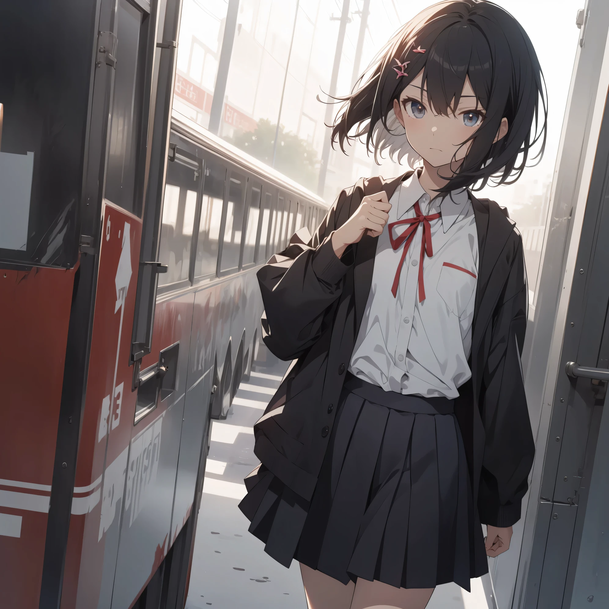 Super high quality by the art god, super detailed, High resolution, anime moe art style, best anime 8K konachan wallpaper, pixiv contest winner, perfect anatomy, break,(眠そうにalone学校へ行く女の子を描いてください. )break, 1 girl, (alone,little woman, lolita, , 13 years old:1.3),All limbs, full finger,, The charm of an immature body, (very short hair), flat chest, small ass, between legs, Small black eyes, beautiful and fine eyes, Well-proportioned iris and pupils, expressive eyes, disgusted eyes, High resolutionの詳細な髪, ribbon, skirt, collared shirt, hair ornaments, neck ribbon, pleated skirt, school uniform, shirt, white shirt, (detailed lighting), (detailed background), On the way to school. break,super dense skin, Best lighting by famous artists, 8K, figure,UHD, rough skin