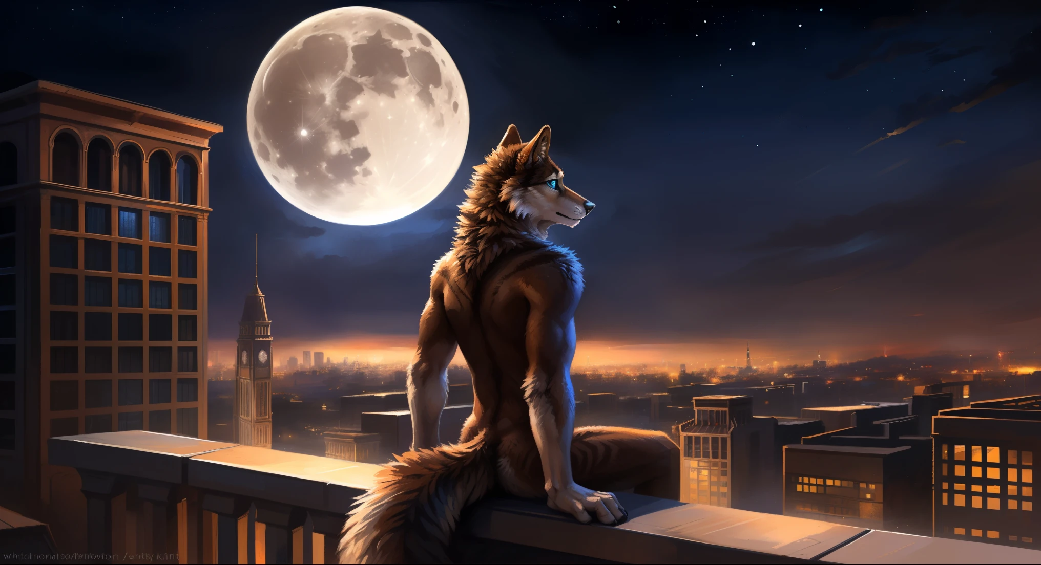 ((Solo)), male people, anthro wolf, (Multi-colored fur, White-brown:1.3), ((Wolf face, Big eyes, White eyelids, Blue pupil, Slim:1.2) (Tough, Calm expression:1.2)), (Height 2.1 meters,Tail length 1.5m), Abs, Slim, pinging, (Correct anatomy), (Contour bone:1.2), The upper body is naked, (detailed outfits), a long large tail，Feet，(Realistic fur, Detailed fur texture, labeled:1.3)), (Natural lighting), Photorealistic, Hyperrealistic, ultradetailed, by Kenket，In the modern city，Roof，the night，Sit alone，Look at the full moon，It was dark，Starry