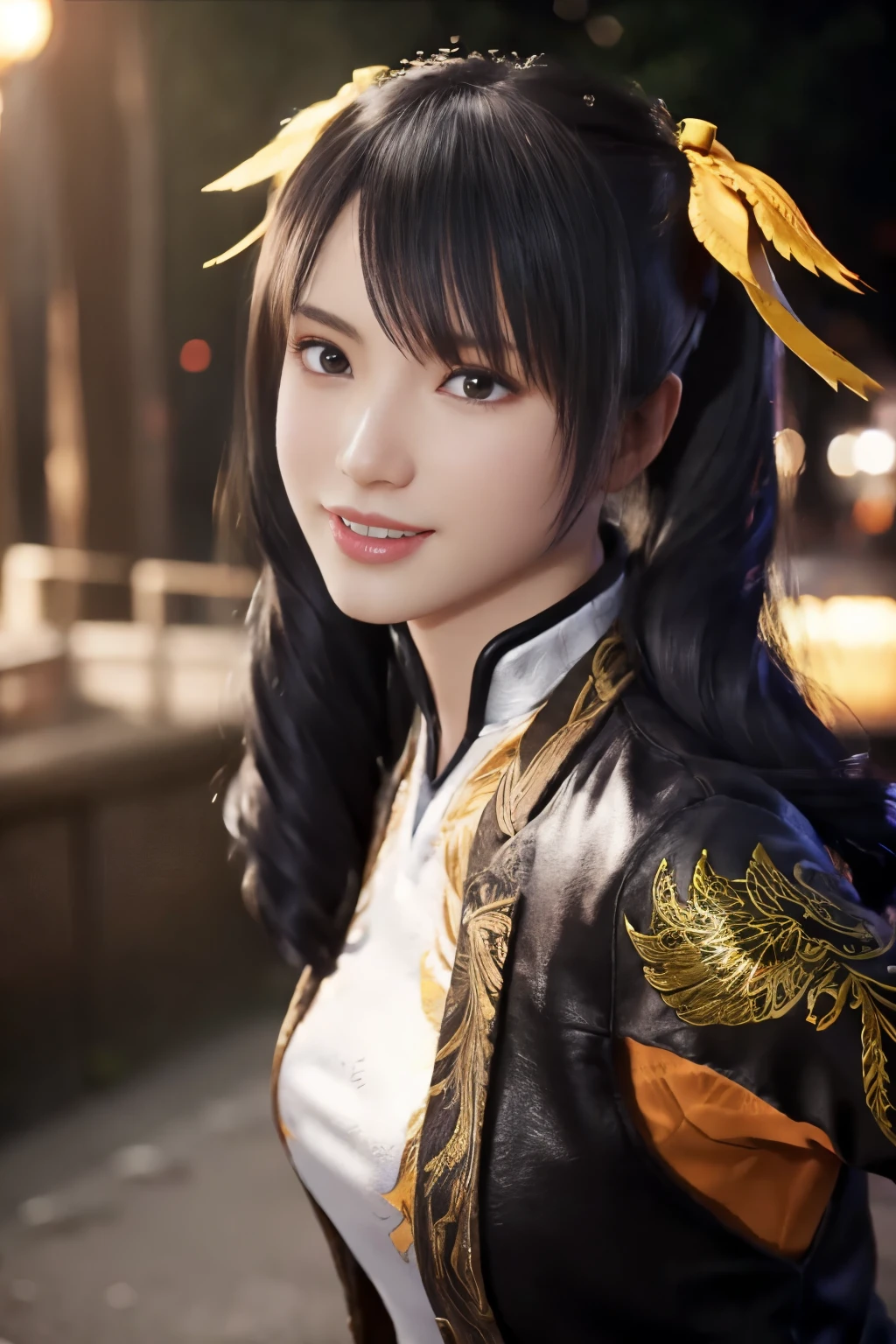 Tekken Xiaoyu,masterpiece、1 kawaii girl、17-year-old high school student、smile,fine eyes、puffy eyes、Bright outdoor,Bright downtown、highest quality, 超High resolution, (reality: 1.4), movie lighting、Japanese、asian beauty、Korean、super beautiful、beautiful skin、body facing forward、whole body,Upper body、(超reality的な)、(High resolution)、(8K)、(very detailed)、(美しくfine eyes)、(Super detailed)、 (wall-)、detailed face、bright lighting、professional lighting、looking at the viewer、look straight ahead、slanted bangs、brown hair、Nogizaka idol、