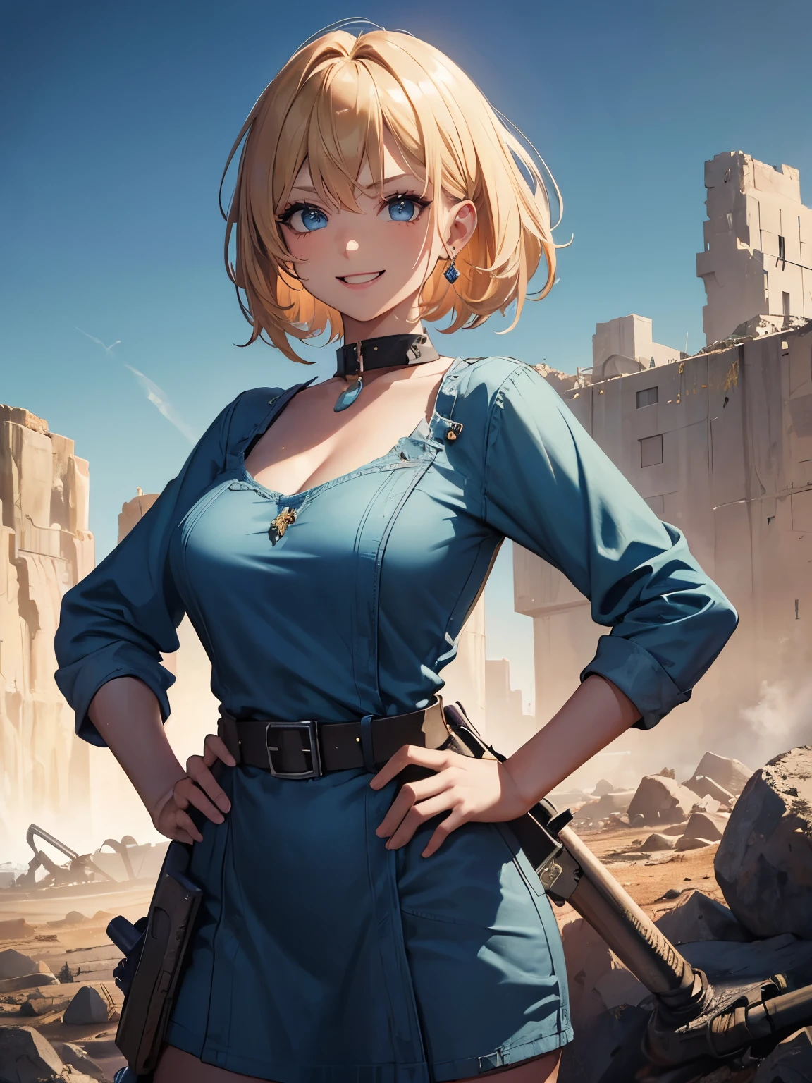 Masterpiece, close up, apocalyptic wasteland, rocky environment, woman, wide smile, excited stance, hands on hips, blonde hair, pin up haircut, light blue eyes, casual blue dress