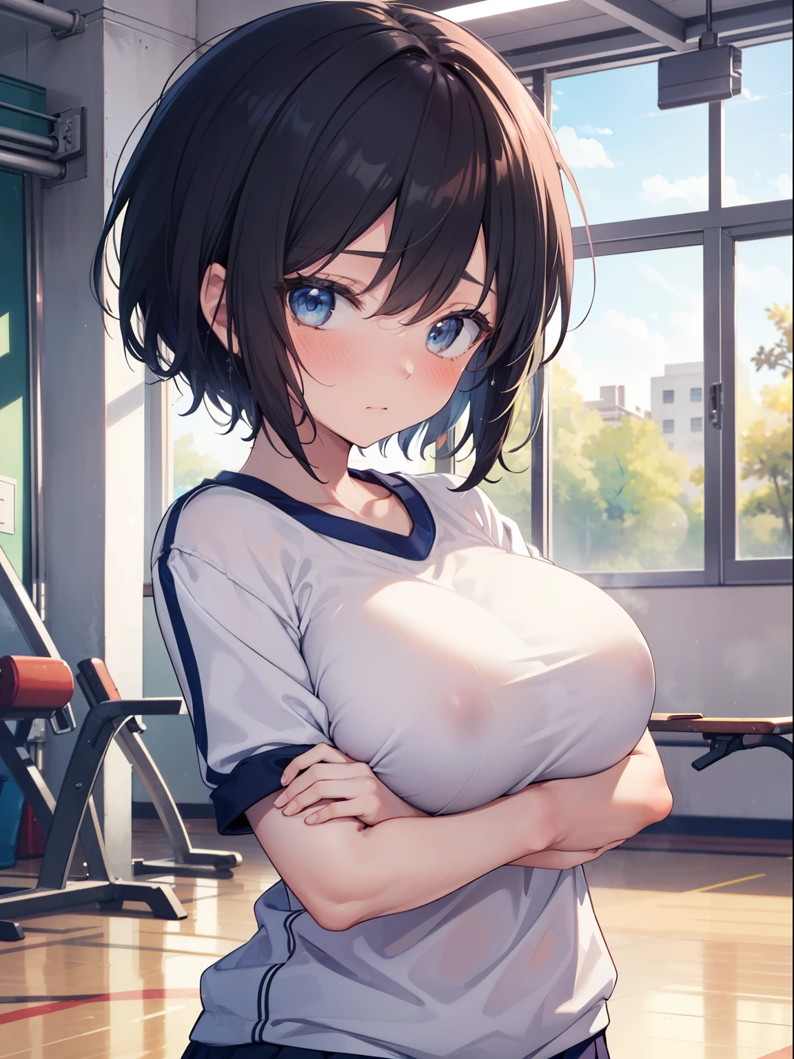 (highest quality, High resolution, perfect pixel, Depth of bounds written, 4K),
beautiful anime girl,
looking at the viewer,
perfect body,
(blush all over the face, embarrassed, hugging:1.2),
short hair, black hair, blue eyes, (huge breasts),
(school gym clothes),
school gymnasium,
focus breasts, from below,
