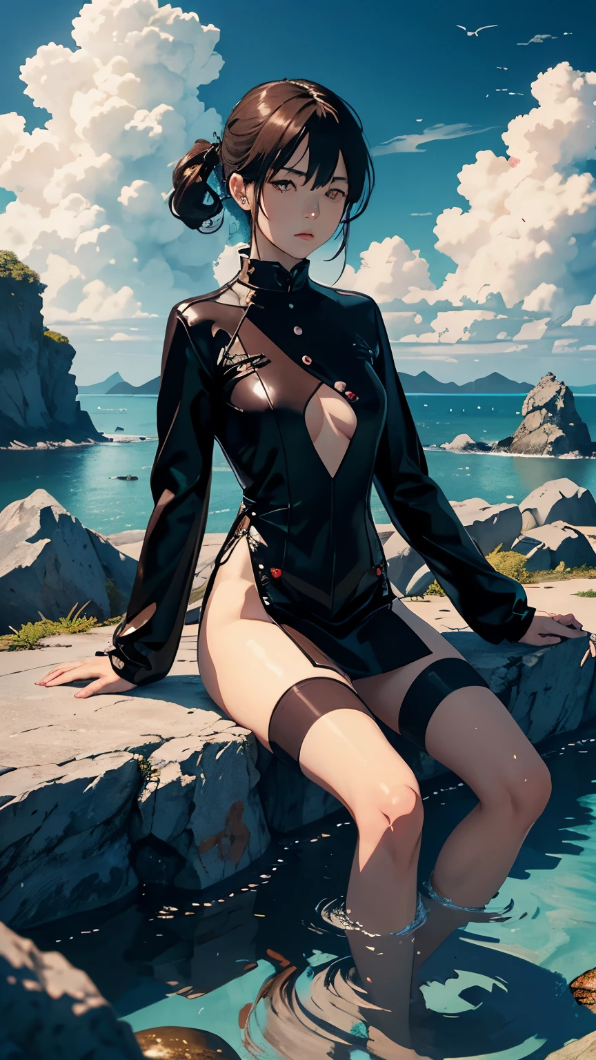 Christian Schad, Takuya Fujima, Surreal, mysterious, strange, fantastical, fantasy, Sci-fi, Japanese anime, sea of ​​clouds, floating rocks, sitting miniskirt beautiful girl, perfect voluminous body, detailed masterpiece Hyper realistic sharp focus sexy erotic 