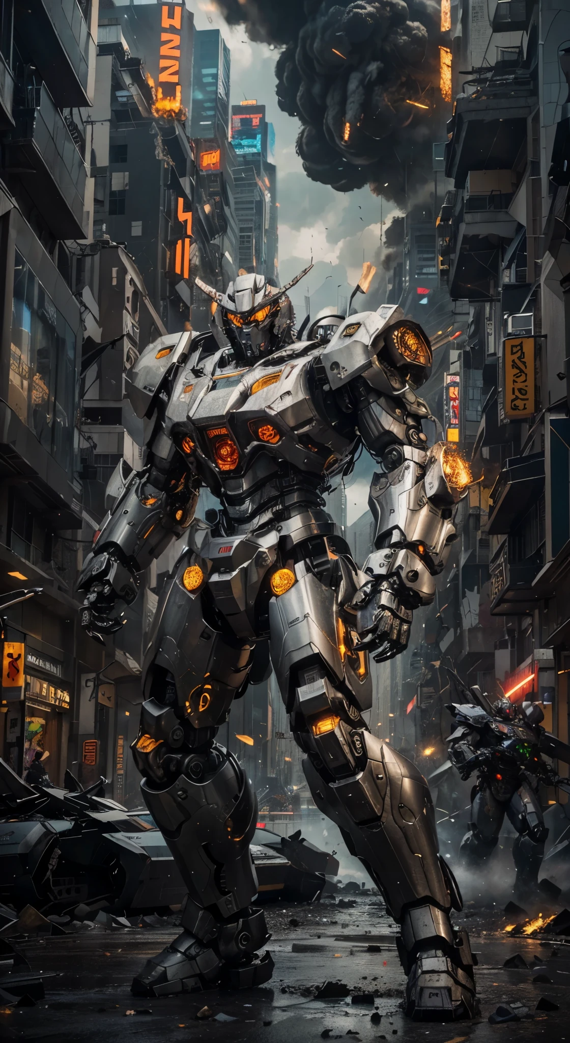 Several enormous mecha robots rampage through a bustling metropolis, crushing buildings in their wake. The image, a vividly detailed digital artwork, displays the destructive power and relentless force of these mechanical giants. Each robot is intricately designed, with sleek metallic frames gleaming under the, black background