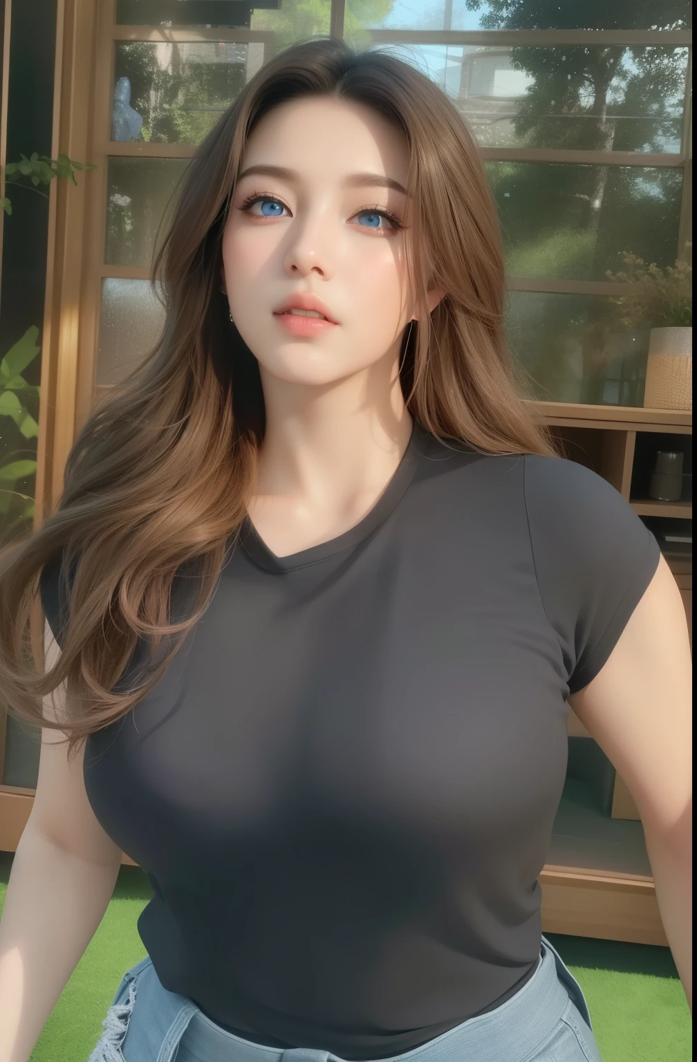 Beautiful big breastokeh), indoors, detailed luxury living room, gentle and charming beautiful goddess, Korean(kpop-idol), solo, necklace, oval face, double eyelids, smart, good hands, good feet, Natural, (from below angle), (glossy skin:1.05), ((low angle)), Perfect figure, (64k, UHD, RAW photo, best quality, masterpiece:1.4), (realistic, photo-realistic:1.37), ultra high res, photon mapping, radiosity, physically-based rendering, professional soft lighting, blue eyes, purpel hair