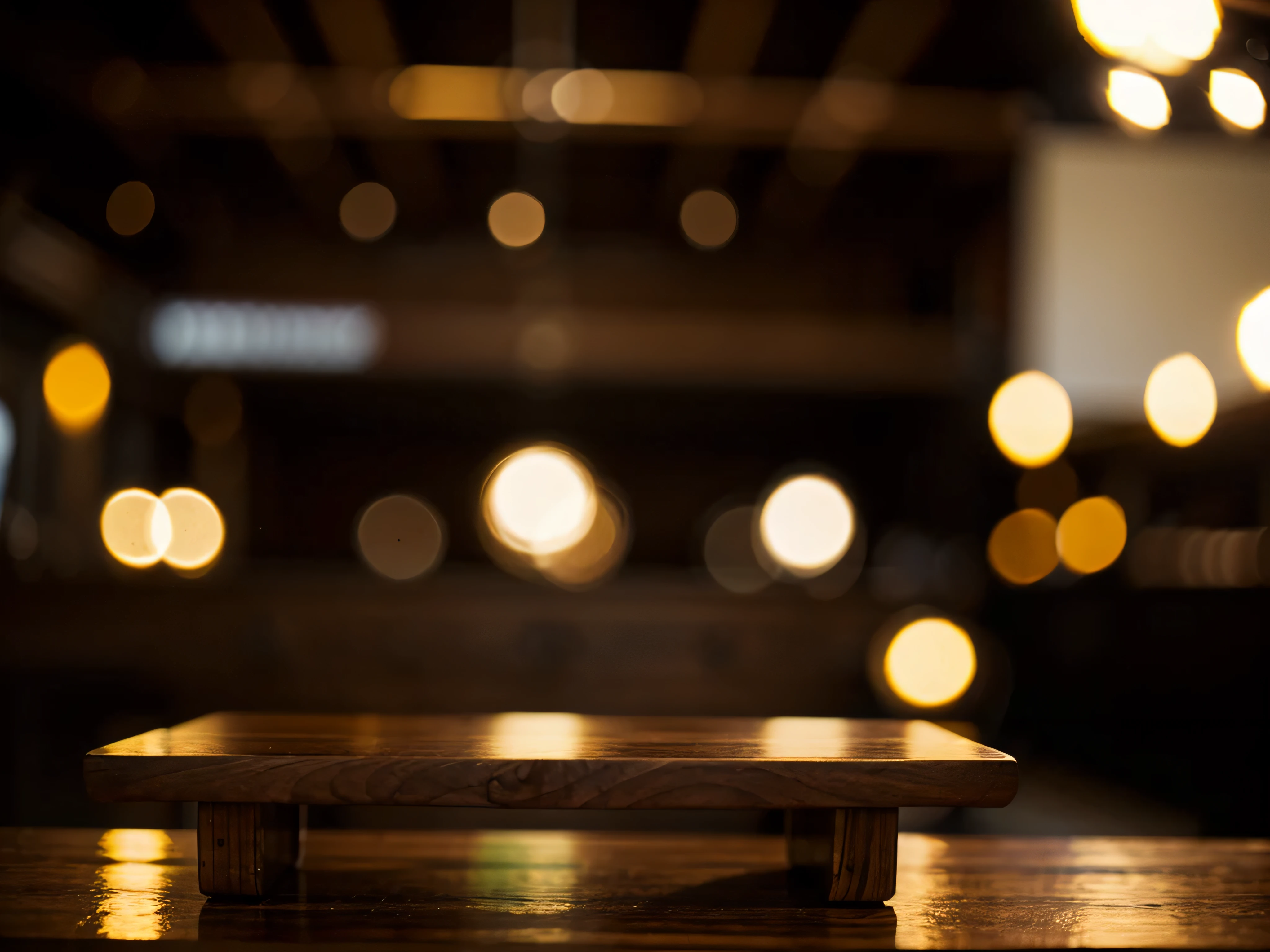 wooden table on a bokeh lighting background