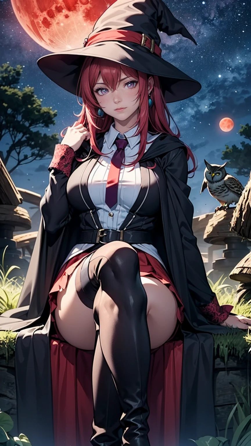(((TakashiroHiroko, dark purple eyes, crossed legs), (sitting, sitting  on a tree stump), 1girls, solo, owl, witch hat, (dress shirt, white dress shirt), leather thigh-high boots, (black cloak), (pleated skirt, red skirt), night, (blood moon, starry sky), (cauldron), mana magic)), TakashiroHiroko, 1girl, mature woman, alone, cowboy shot, looking at viewer, blushing, dark purple eyes, long hair, red hair, earrings, jewelry