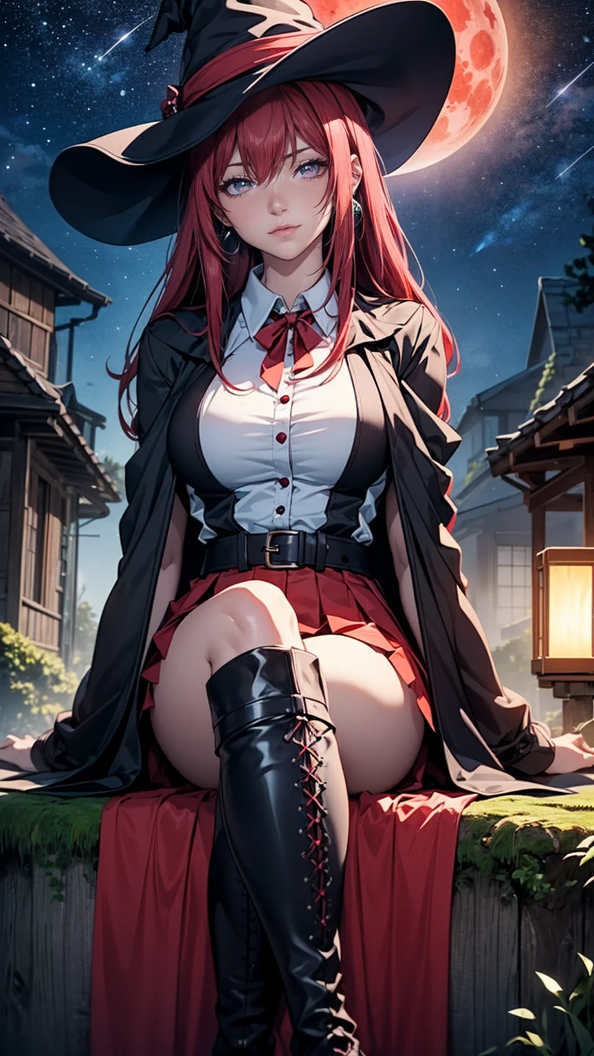 (((TakashiroHiroko, dark purple eyes, crossed legs), (sitting, sitting  on a tree stump), 1girls, solo, owl, witch hat, (dress shirt, white dress shirt), leather thigh-high boots, (black cloak), (pleated skirt, red skirt), night, (blood moon, starry sky), (cauldron), mana magic)), TakashiroHiroko, 1girl, mature woman, alone, cowboy shot, looking at viewer, blushing, dark purple eyes, long hair, red hair, earrings, jewelry
