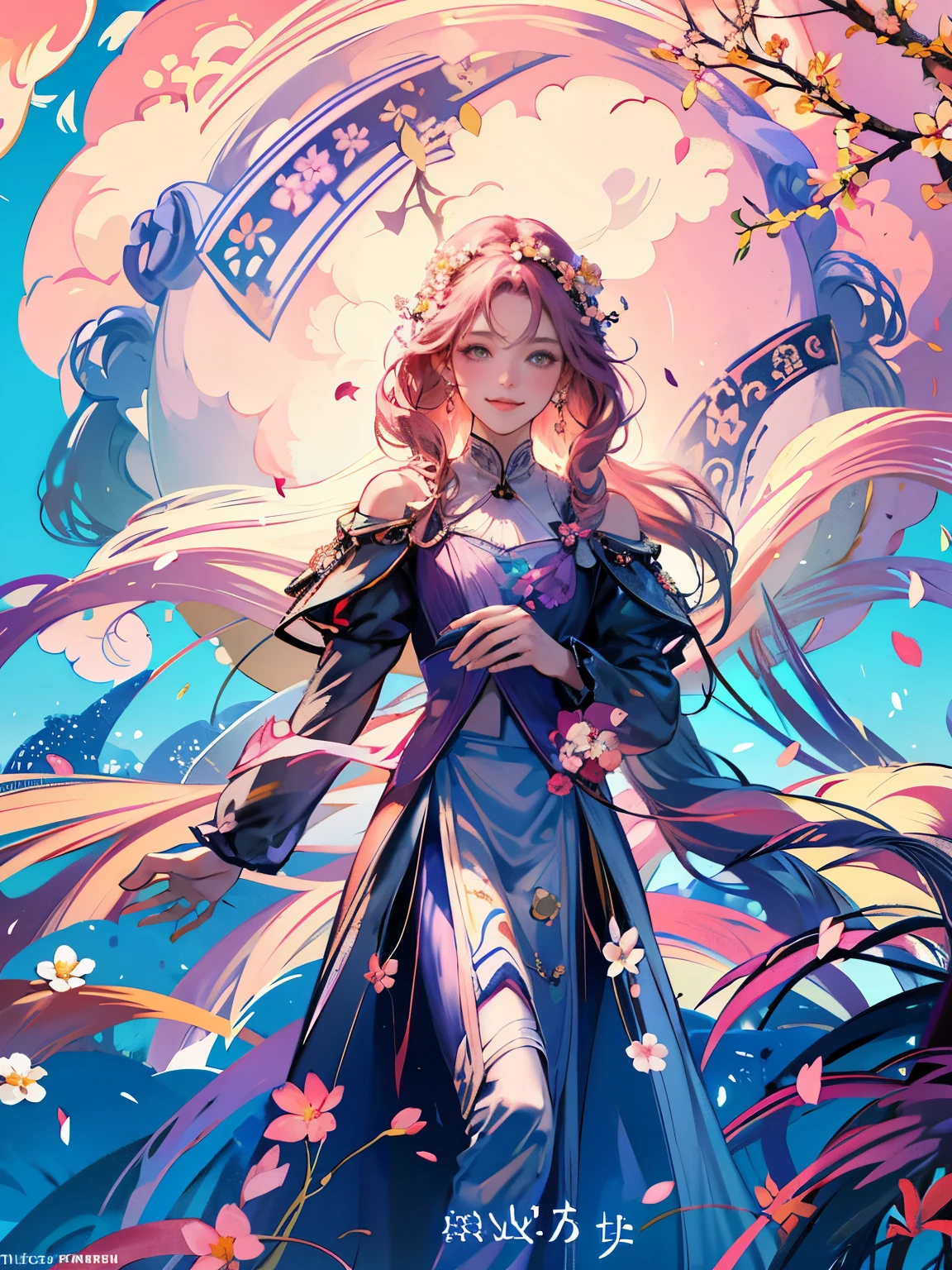 art by Cornflower, fantastic, cherry_开flower, Fall_flower瓣, flower瓣, branch, pink_flower, 1 girl,20 years old, blue_Sky, spring_(seasexist), flower瓣_exist_liquid, flower, flower见, skirt, (Lexistg blexistd curly hair:1.5),Wearing a wreexisth,Sky, outdoor, cloud, Bangs, Smile, pink_Eye, White skirt with cherry blossom embellishments, only_Shoulder, earrings, Keep_flower, wind, Tree, watching_exist_audience,cowboy shooting,