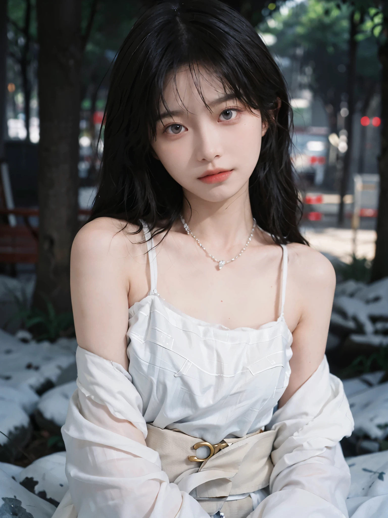 Film portrait photography, 2 girls, bare shoulders, Shoulder length wavy hair, white coat,Snow white sling, gemstone necklace,(Realistic and detailed eyes, natural skin texture, Realistic facial details),, depth of field, Bokeh, Vibrant details, Detailed and detailed, Surrealism, 35mm film, hazy, ,self-shot,