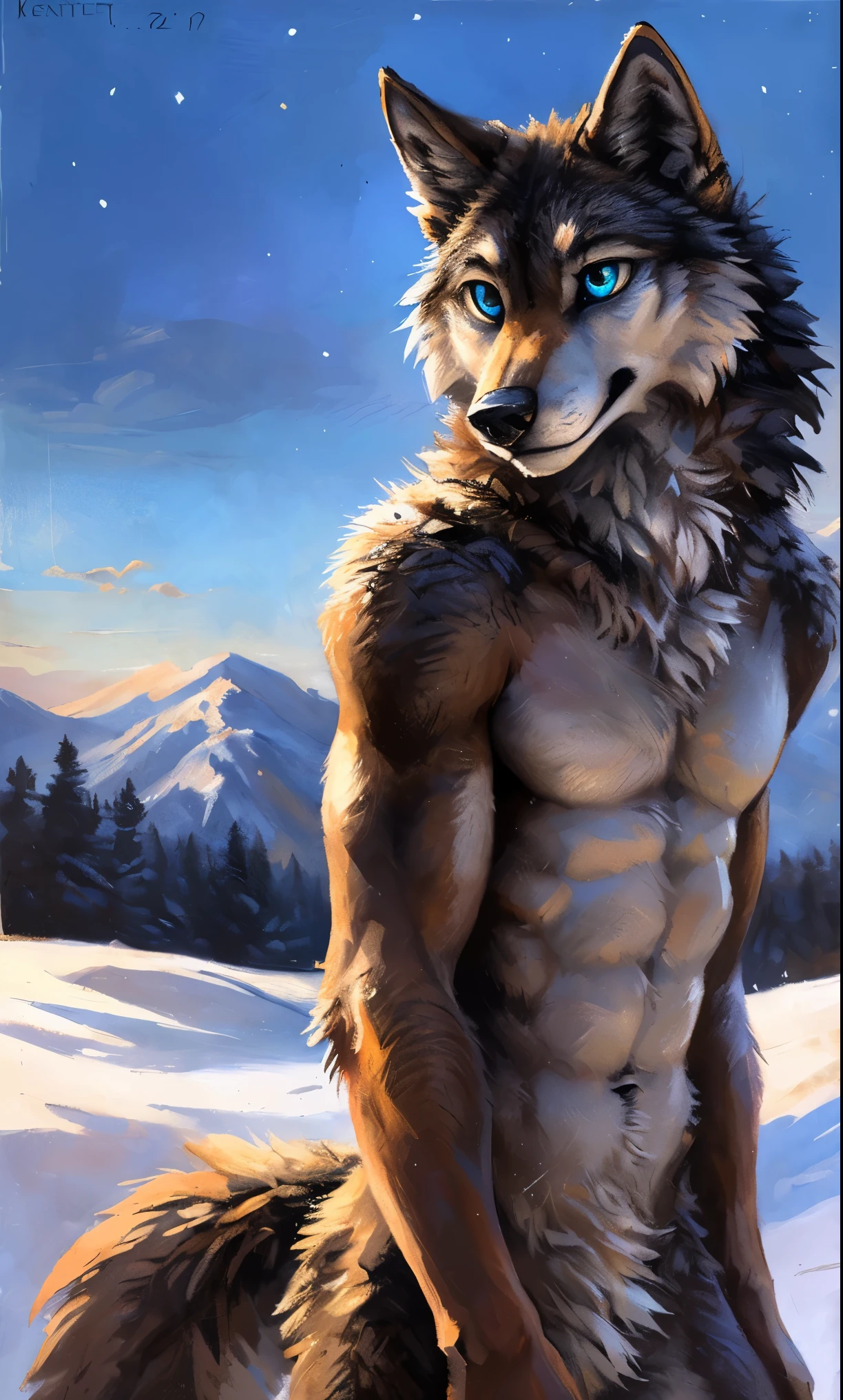 ((Solo)), male people, anthro wolf, (Multi-colored fur, White-brown:1.3，White tail pointed), (Height 2.1m,Tail length 1.5m), ((Wolf face, Big eyes, White eyelids, Blue pupil, Slim:1.2) (Tough, Calm expression:1.2)), Abs, Slim, pinging)), (Correct anatomy), Naked all over the body,A long big tail，Feet，(Realistic fur, Detailed fur texture, labeled:1.3)), (Natural lighting), Photorealistic, Hyperrealistic, ultradetailed, by Kenket，Snowfield，No artifacts