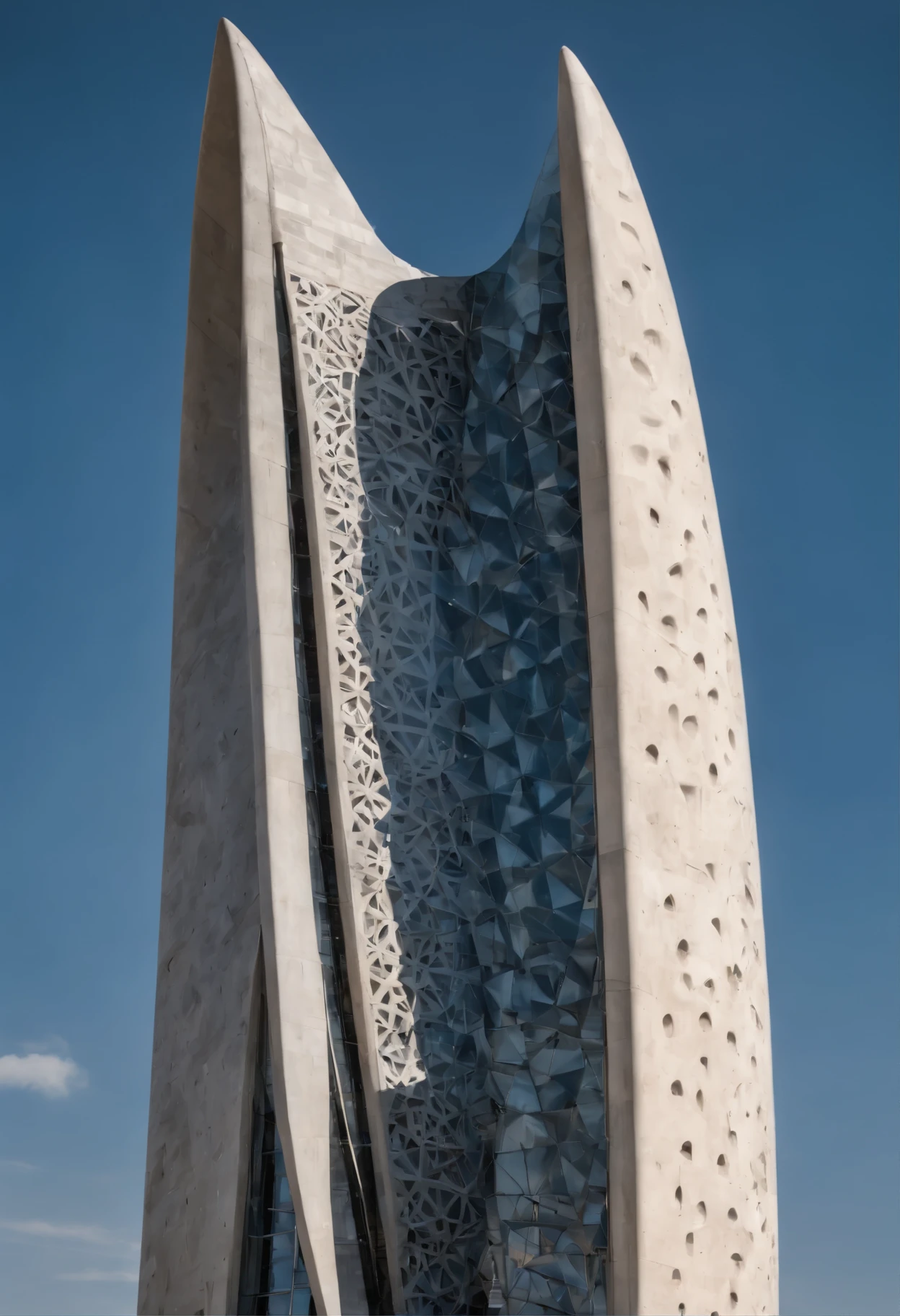 African architectural design. Altamente detalhado, Zaha Hadid. Super detailed African symbols and patterns, for a reinforced concrete building, incorporating African symbolic elements into the sunset, with a design that seeks a unique fusion between the modernity of the structure and the cultural richness of the continent, (Zaha Hadid) standing out for its photo-realistic representation. (Foto realista) no meio da cidade! tree and plants, blue sky, poucas nuvens. contemporary city.
