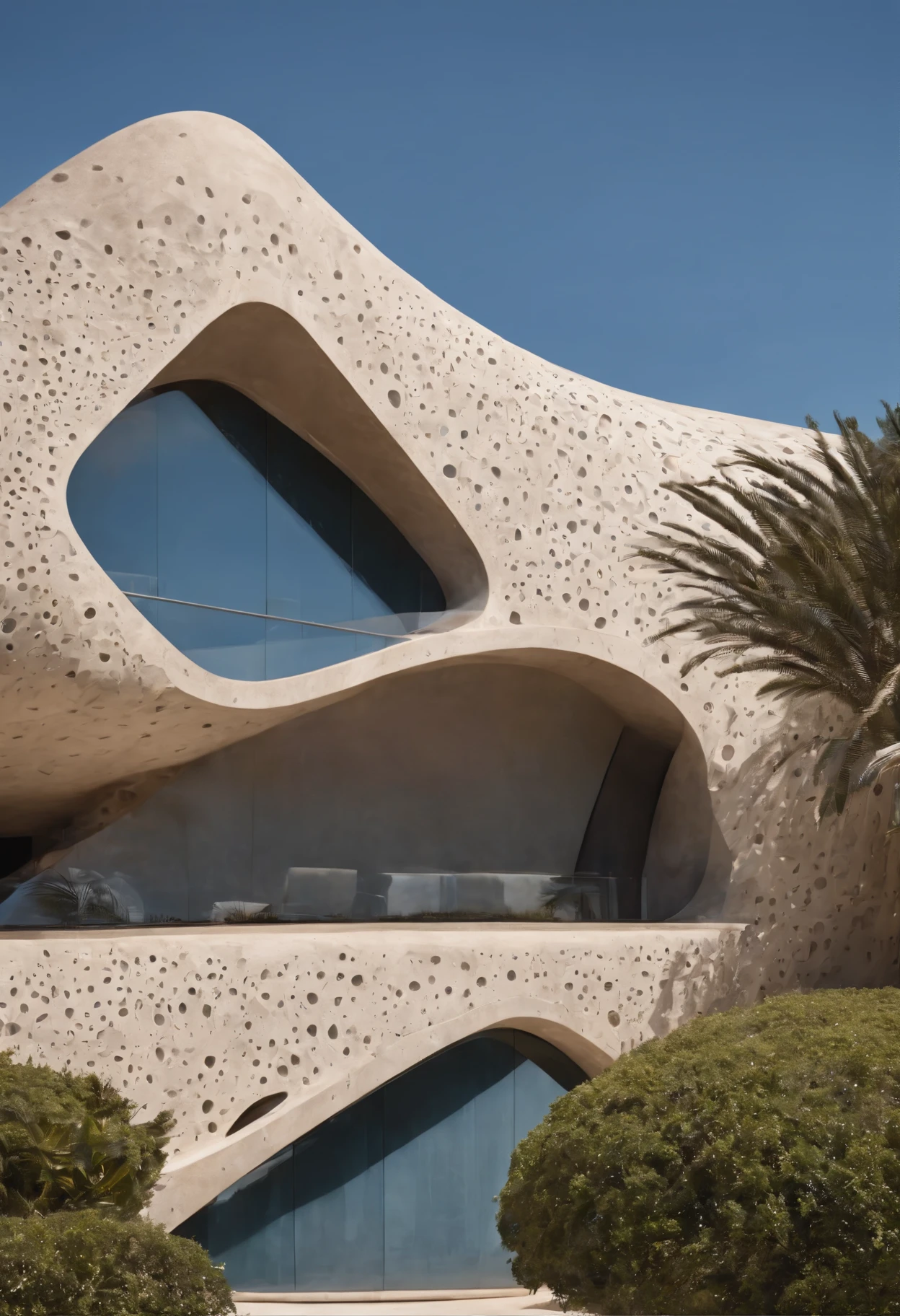 African architectural design. Altamente detalhado, Zaha Hadid. Super detailed African symbols and patterns, for a reinforced concrete building, incorporating African symbolic elements into the sunset, with a design that seeks a unique fusion between the modernity of the structure and the cultural richness of the continent, (Zaha Hadid) standing out for its photo-realistic representation. (Foto realista) no meio da cidade! tree and plants, blue sky, poucas nuvens. contemporary city.