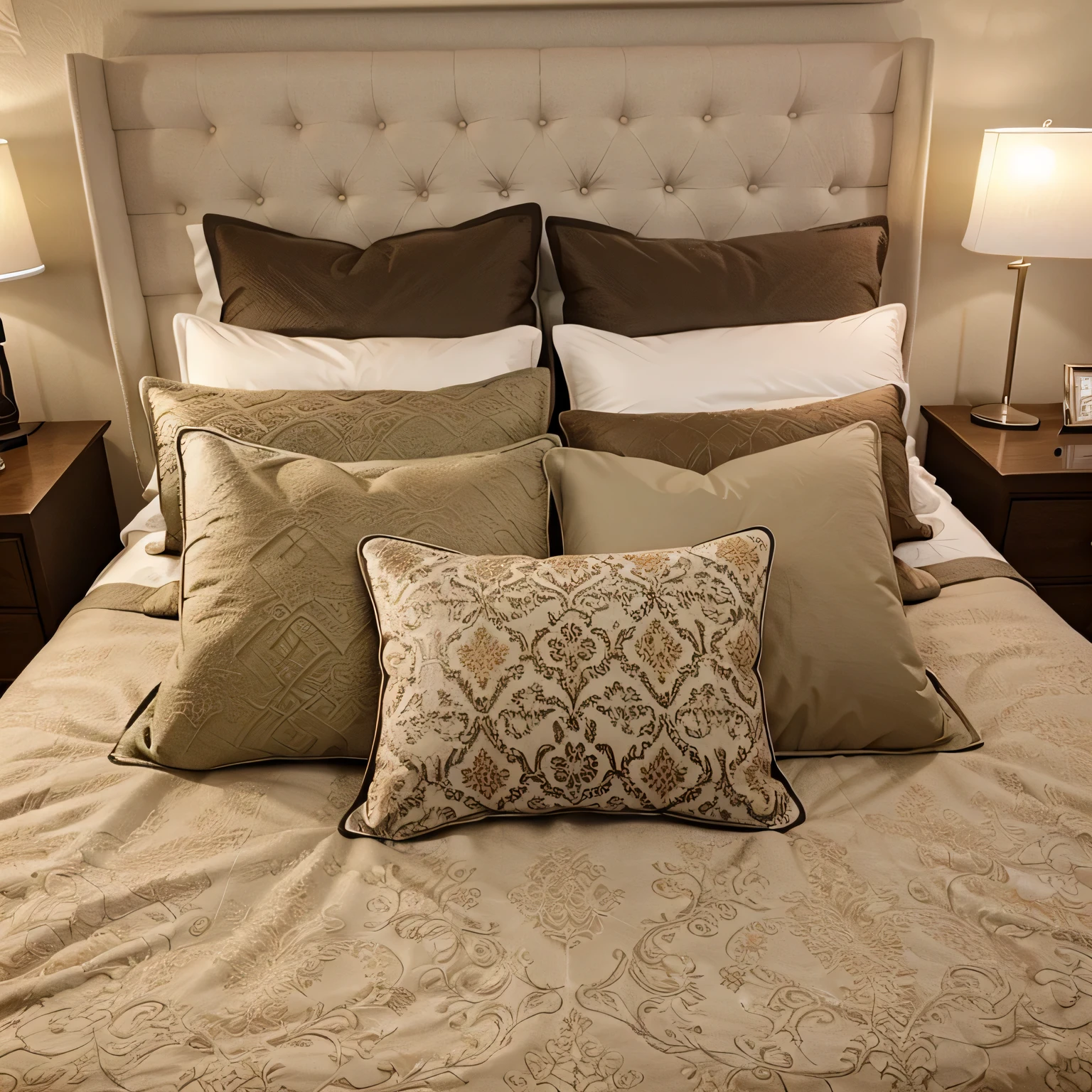 A beautifully decorated bed with a variety of pillows showcasing different designs and textures.
