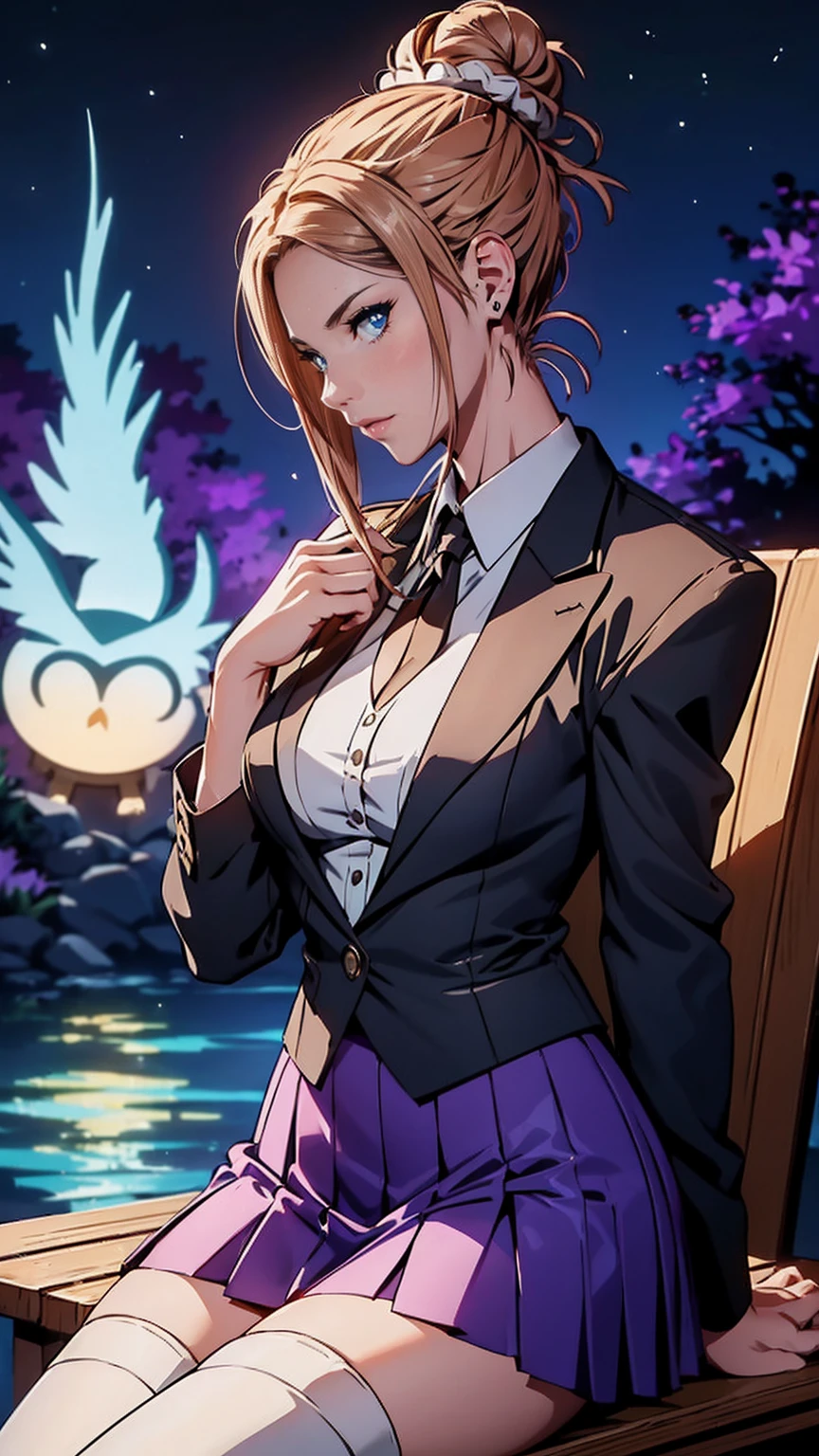 (((Reina Morimoto, morimoto_reina), 1girls, solo, owl, (witch hat, dark purple waistcoat), (dress shirt, white dress shirt), leather thigh-high boots, (black cloak), (pleated skirt, purple skirt), night, (blood moon, starry sky), (cauldron), mana magic)), (1girl, solo, Reina Morimoto, morimoto_reina, (blue eyes, hair bun, high bun of hair), lipstick)), red high heels, malicious looks, mole on the face, sensual pose, oily, wet body, view, profile, fitness, standing, ((muscular)), Beautiful