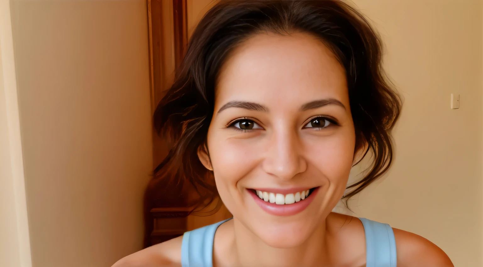 mulher sorridente, retrato de close-up de rosto inteiro, cabelos ondulados sem maquiagem, smiling happily at camera, retrato frontal, retrato de rosto inteiro, ,Mulher na casa dos 40 anos, facing the camera Woman with white skin and dark hair. ela tem cerca de 35 anos. Corpo fino, cintura fina. Altamente realista, hiperrealismo, pele muito elaborada. foto de corpo inteiro, Limpar foto, alta qualidade, high resolution, obra de arte, 8k.