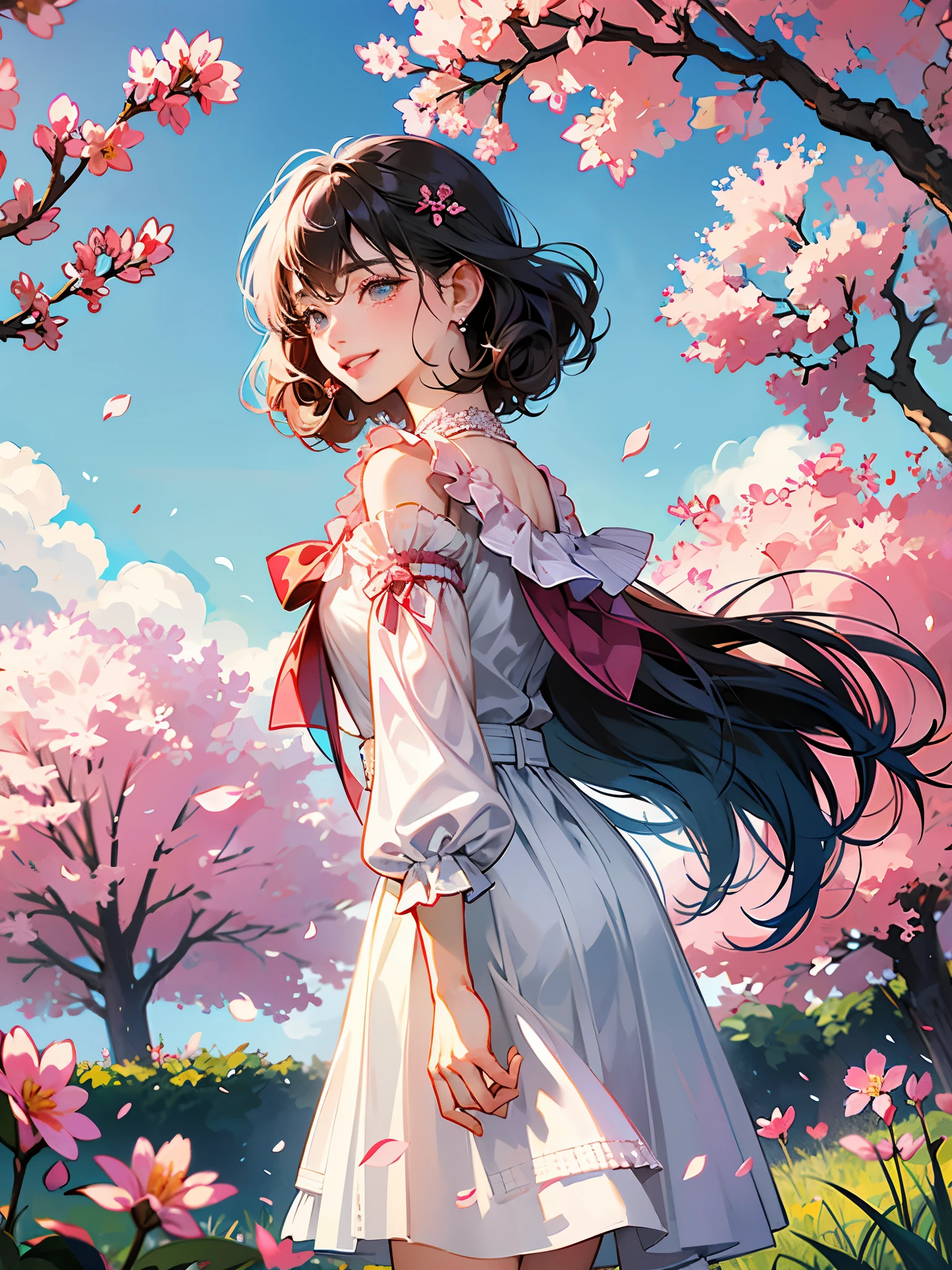 art by Cornflower, fantastic, cherry_开flower, Fall_flower瓣, flower瓣, branch, pink_flower, 1 girl,20 years old, blue_Sky, spring_(seasexist), flower瓣_exist_liquid, flower, flower见, skirt, (Lexistg blexistd curly hair:1.5),Wearing a wreexisth,Sky, outdoor, cloud, Bangs, Smile, pink_Eye, White skirt with cherry blossom embellishments, only_Shoulder, earrings, Keep_flower, wind, Tree, watching_exist_audience,cowboy shooting,