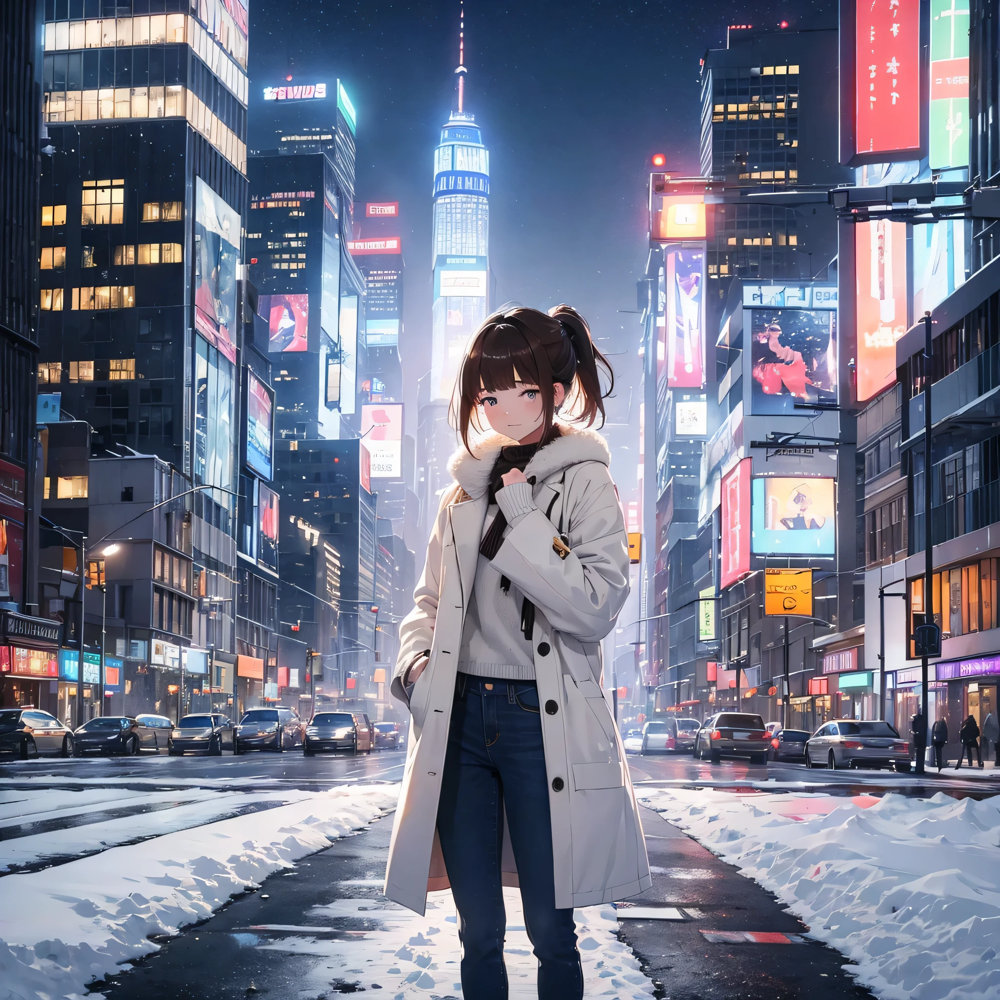 ((snowy night)) 、intersection、city、in the city、Skyscraper、OL,20-year-old、,Are crying、long white coat、jeans、1 girl, princess cut, bob cut、medium hair、ponytail、reddish brown hair 、that&#39;that&#39;that&#39;It&#39;s snowing、standing pose、Are crying姿、view audience、Beige knit sweater、look up、(whole body)、