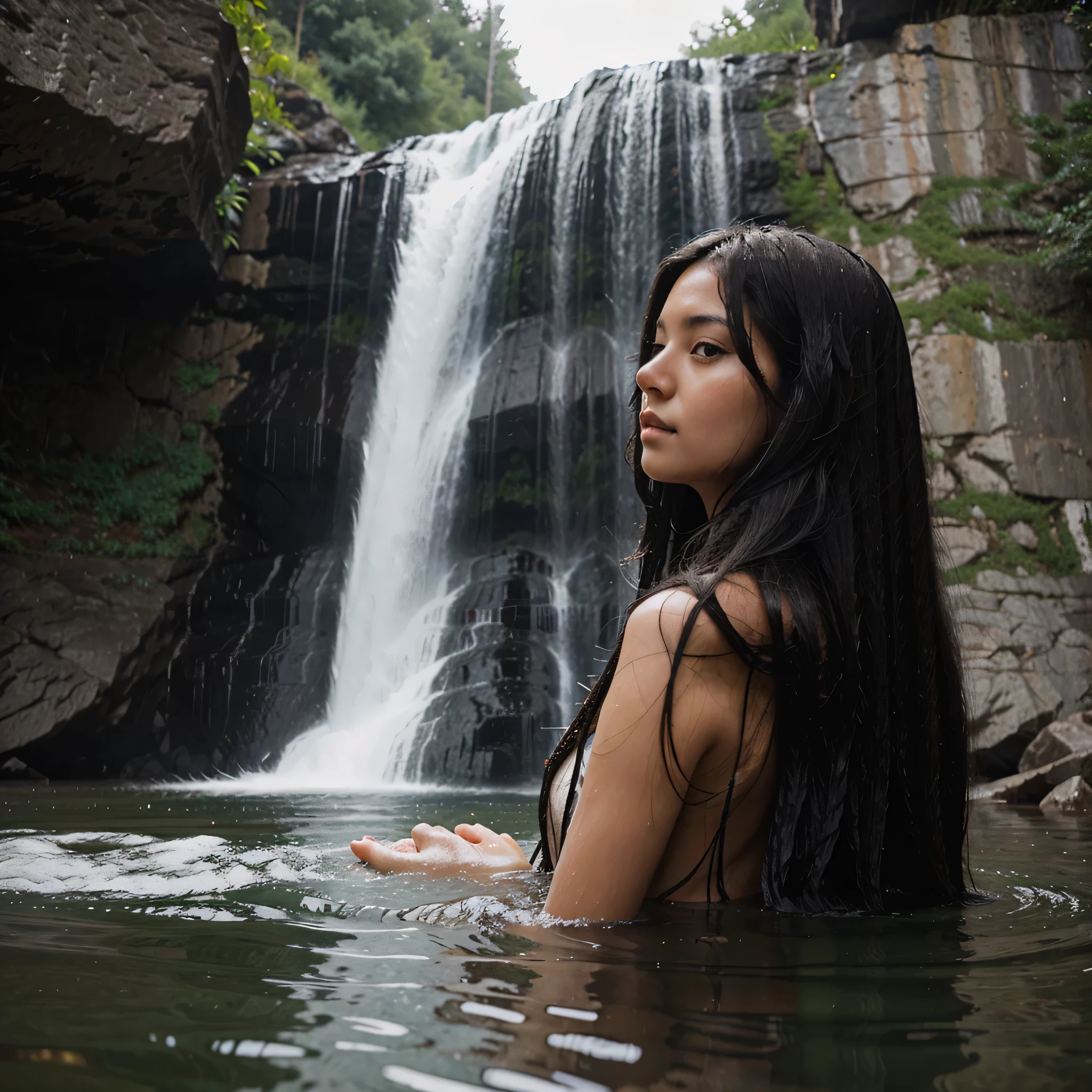 a girl with black silky long hair is taking a bath under the waterfall