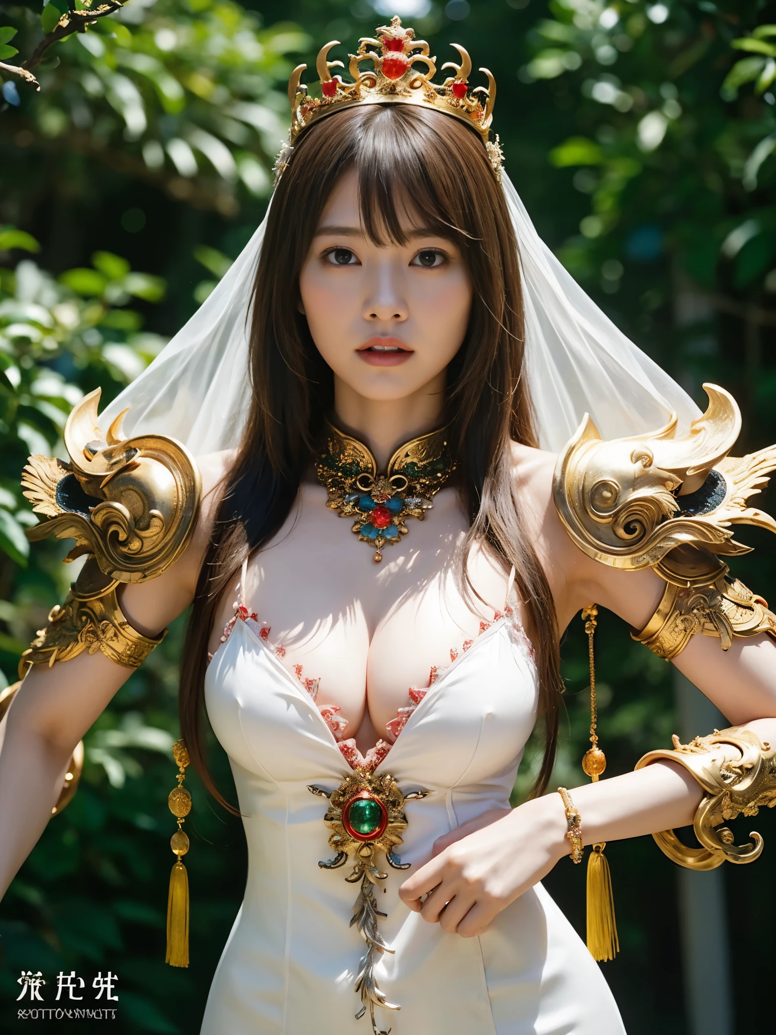 (((extremely heavy breasts)))、(Fight fiercely with dragons)、top-quality、​masterpiece、超A high resolution、（White Dragon Armor）、dragon armor、(Wearing a beautiful crown made of jewels),(Photorealsitic:1.4)、Raw photo、1人、Golden hair、glowy skin、(((Chinese Dragon)))、（Gorgeous Jewelry Necklaces）、（Mystical expression）、（Fight big dragons）、With a beautiful knife、（White Metal Bodysuit）、(beautiful forest background)、Precipitous cliffs、(Small LED)、((super realistic details))、portlate、globalillumination、Shadow、octan render、（One-Eyed Scouter）、8K、ultrasharp、Colossal tits、Raw skin is exposed in cleavage、metals、Details of complex ornaments、Japan details、highly intricate detail、Realistic light、CGSoation Trends、Red Eyes、radiant eyes、Facing the camera、neon details、(Mechanical limbs)、(blood vessels connected to tubes)、Mechanical vertebrae attached to the back、mechanical cervical attaching to neck、(Wires and cables connecting to the head)、Gundam、Small LED、,Mechanical thighs、Toostock、（Hands are also made of machines）、（veils）、