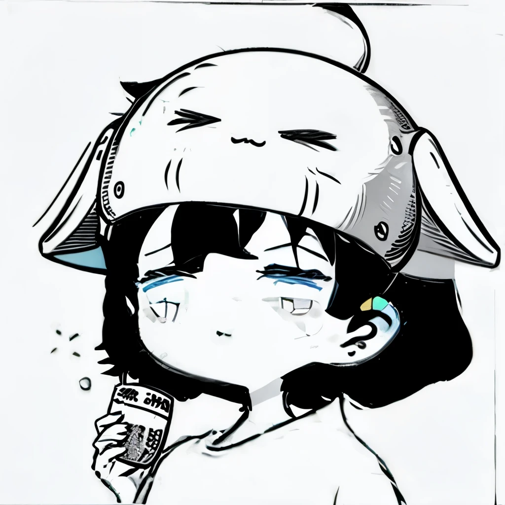 boy, short hair, round face, sleepy eyes,Helmet with eyes and mouth drawn on it, Loose clothes, かわいいboy, solitude, Sitting figure,sleepy, whole body, manga,chibi character, An illustration comics scribble
