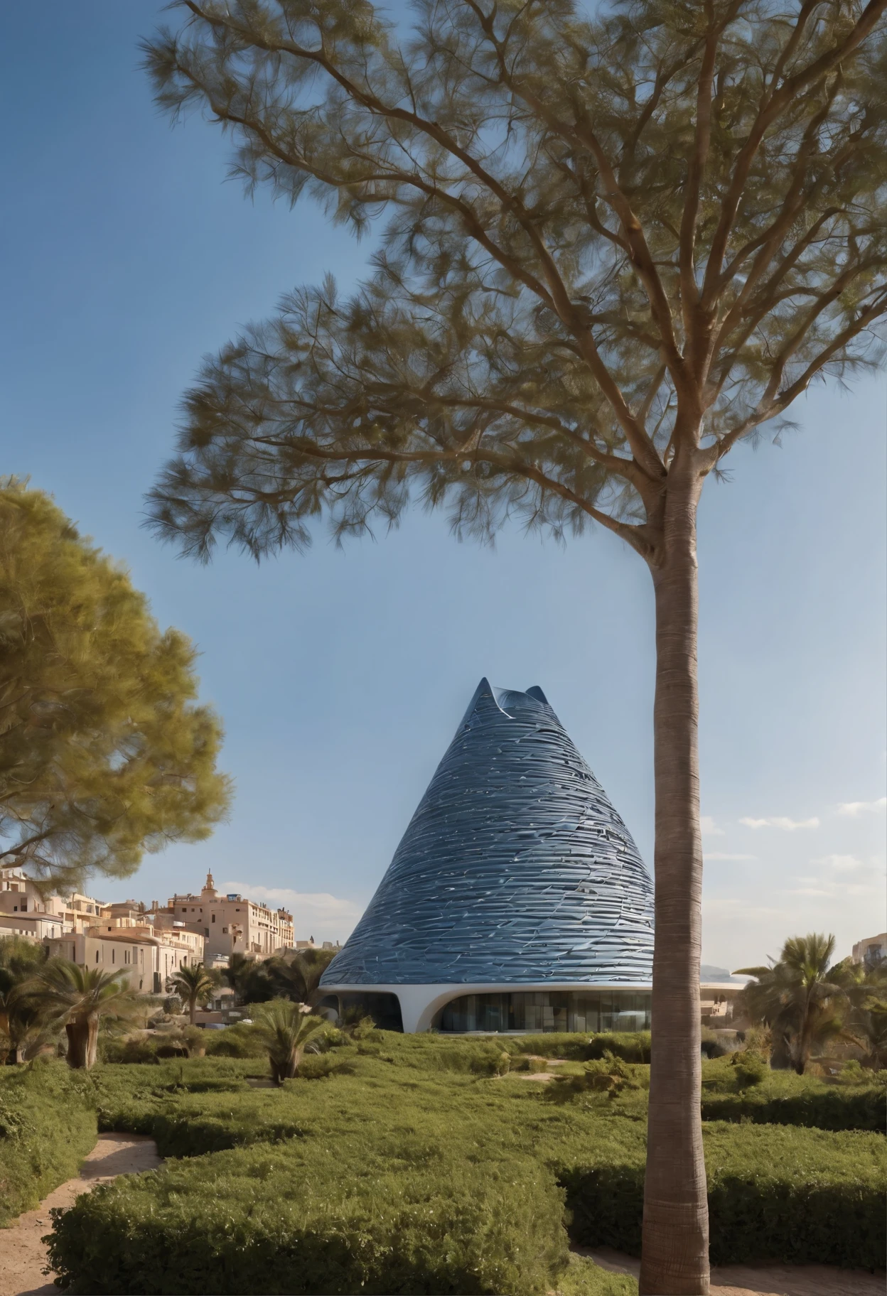 African architectural design. Altamente detalhado, Zaha Hadid. Super detailed African symbols and patterns, for a reinforced concrete building, incorporating African symbolic elements into the sunset, with a design that seeks a unique fusion between the modernity of the structure and the cultural richness of the continent, (Zaha Hadid) standing out for its photo-realistic representation. (Foto realista) no meio da cidade! tree and plants, blue sky, poucas nuvens. contemporary city.