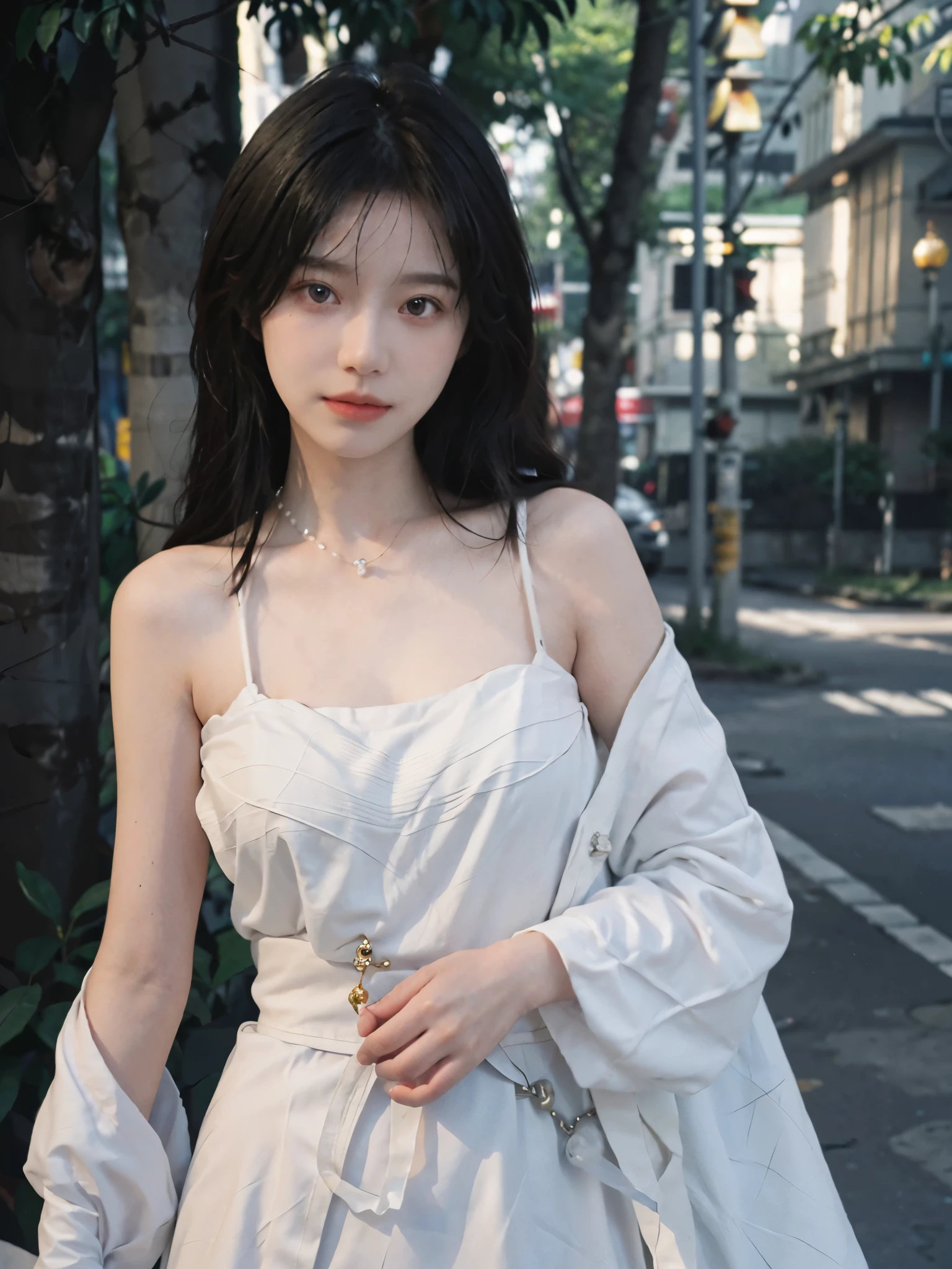 ((Best Quality, 8k, Masterpiece: 1.3)), Focus: 1.2, Perfect Body Beauty: 1.4, : 1.2, ((Layered Haircut, Flat Chest: 1.2)), (Rain, Street:1.3), Bandeau Dress: 1.1, Highly Detailed Face and Skin Texture, Fine Eyes, Double Eyelids, Whitened Skin, Long Hair, (Shut Up: 1.3), Full Body