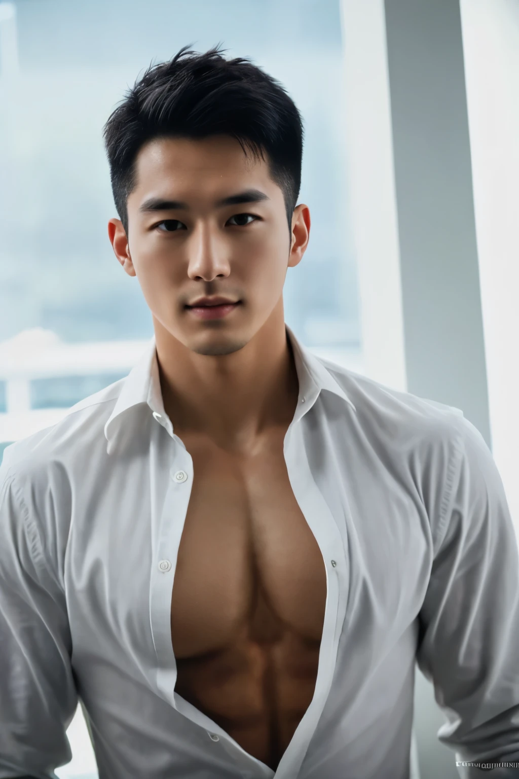 Korean man, a 25-year-old muscular man, wears a long-sleeved white shirt , shirt buttons are open, six pack, muscle, big breast, bodice, soft lighting, masterpiece, best quality, 8k ultra HD, DSLR camera, film grain, Midjourney and greg rutkowski's Fujifilm XT3 realistic painting art, light grey background