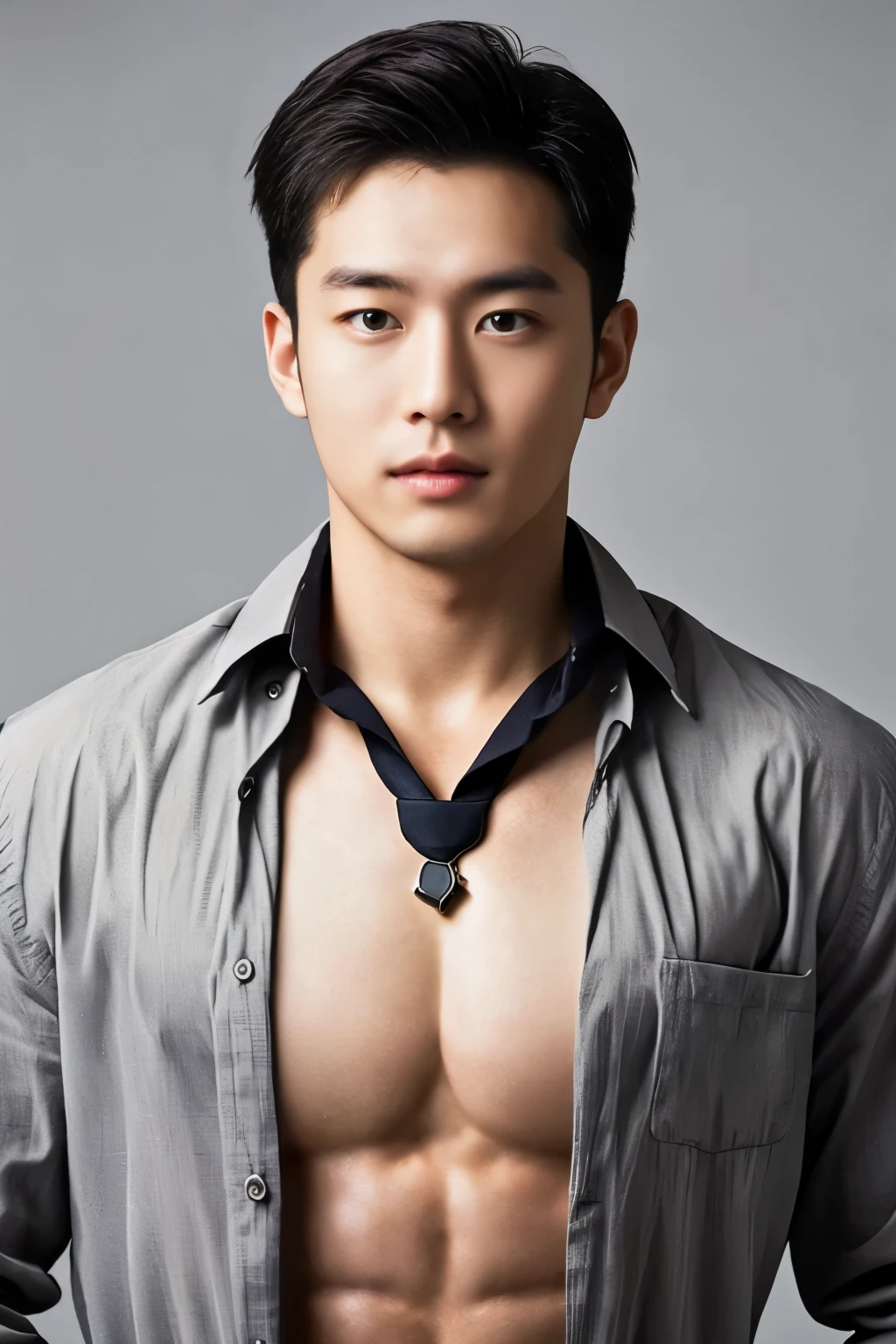 Korean man, a 25-year-old muscular man, wears a long-sleeved white shirt and tie, shirt buttons are open, six pack, muscle, big breast, bodice, soft lighting, masterpiece, best quality, 8k ultra HD, DSLR camera, film grain, Midjourney and greg rutkowski's Fujifilm XT3 realistic painting art, light grey background