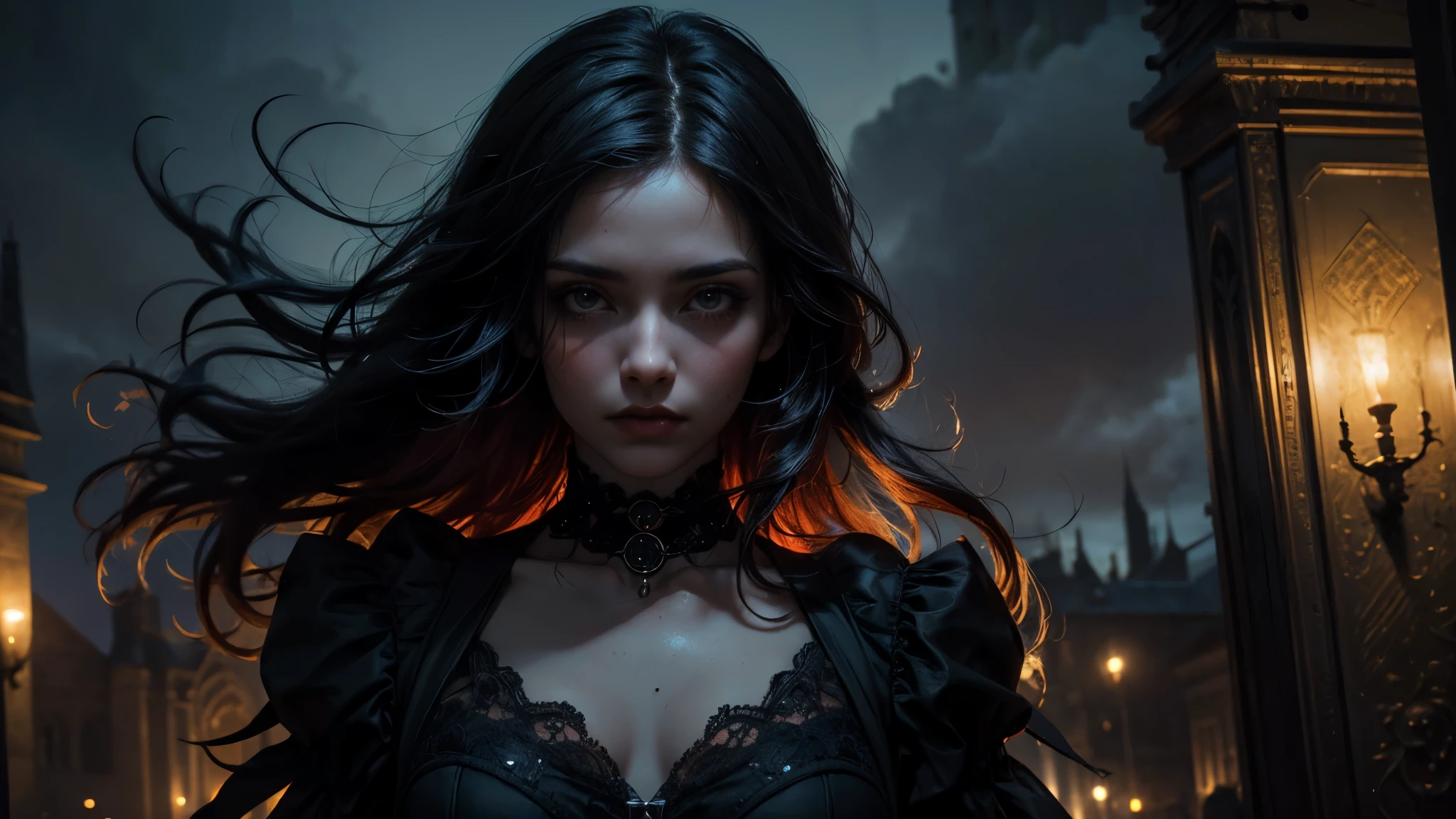(arte oficial, obra de arte, melhor qualidade, fotorrealismo, very detailed cinematic lighting, papel de parede 8k), mulher sexy, Gothic, Magia, Fantasia, olhando para o espectador, cor pastel, roupas pretas, celestial, impious