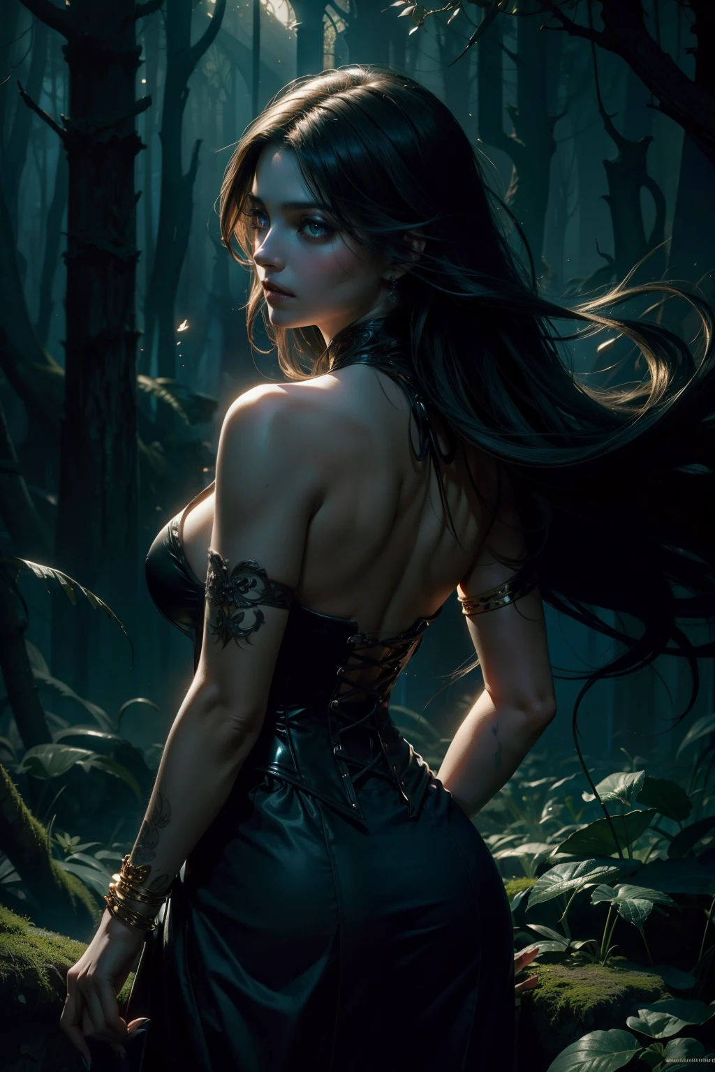 Beautiful painting of a perfect female vampire, slender figure with an hourglass shape, huge breasts that seem to defy gravity, shapeless long hair cascading down her back, featuring perfect features enhanced by her ethereal beauty, (wearing an extraordinarily ornate and intricately detailed vampire corset), full-body photograph exuding abstract beauty and near perfection, her pure form showcased in its dynamic pose, set against an ethereal, otherworldly background, (embodying deep dark shadows contrasted by strong cinematic lighting and back lighting), concept art masterpiece by Greg Rutkowski, John William Waterhouse, and Alphonse Mucha, (boasting