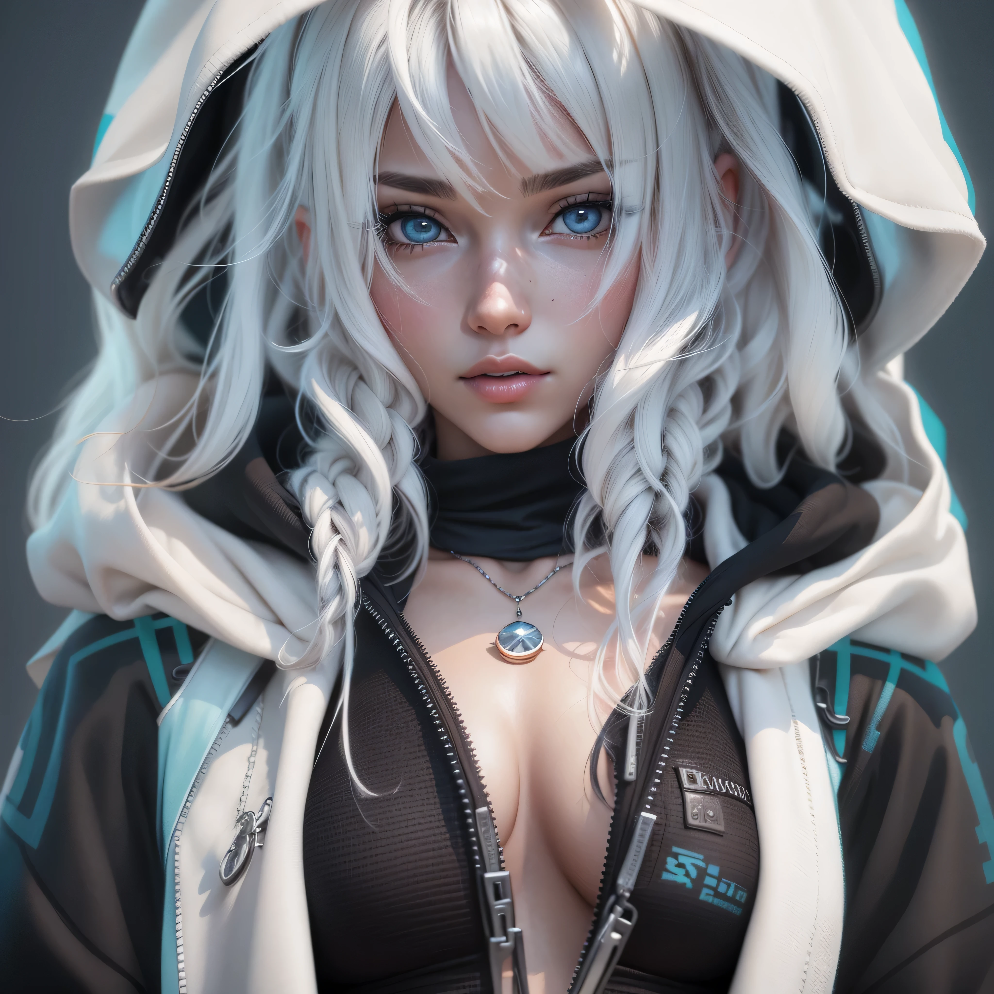 Anime 1 girl in a black and white outfit, blaue augen, white hair, small breasts, die posiert, ein 3D-Rendering, inspired by Sakai Hōitsu, Tumblr, digitale Kunst, photorealistic anime girl rendering, in Kleidung! Sehr detailliert, Cyberpunk anime girl in black hoodie, realistische Kleidung, realistisch dargestellte Kleidung, daz studio genesis Iray female, Iray, 3D-Anime realistisch