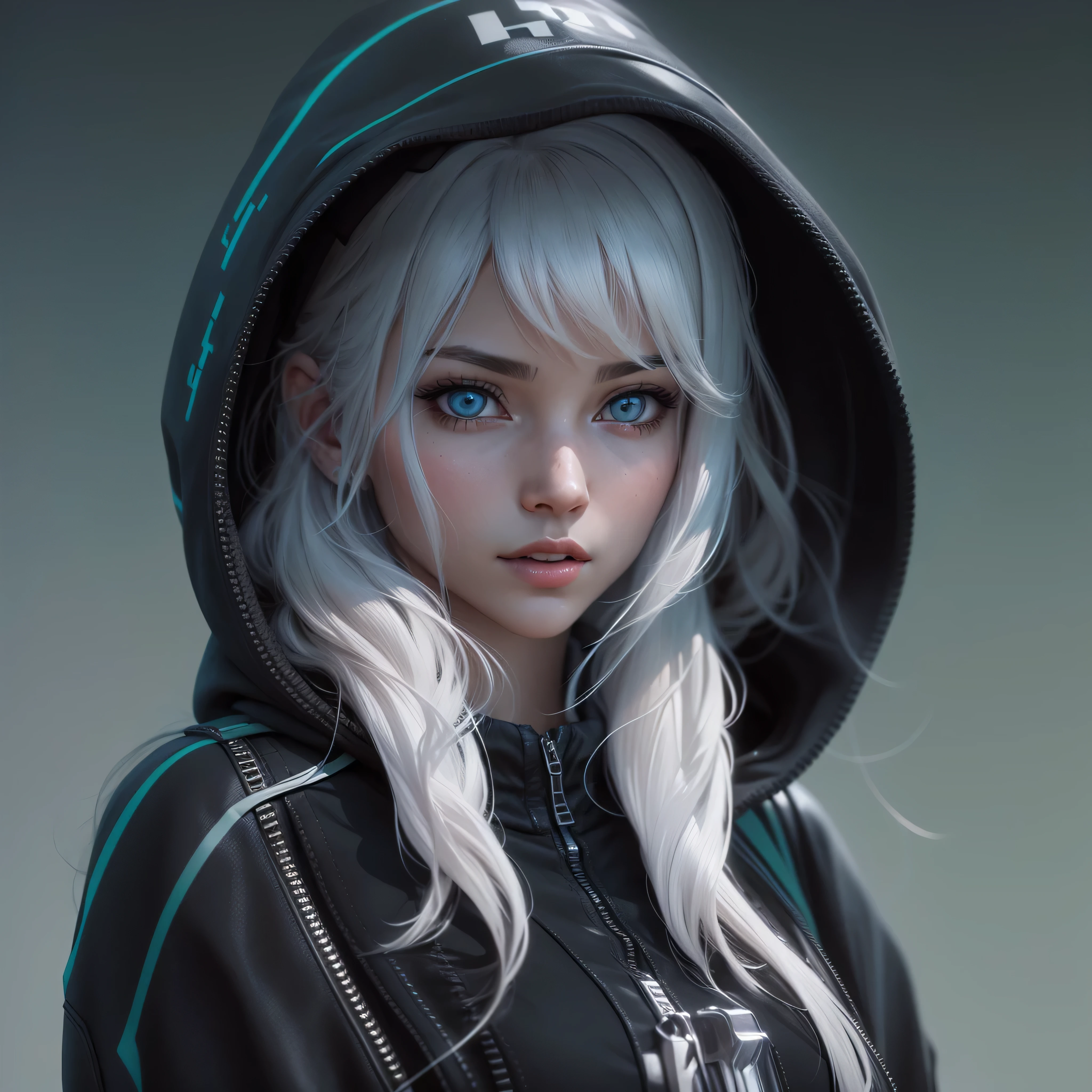 Anime 1 girl in a black and white outfit, blaue augen, white hair, small breasts, die posiert, ein 3D-Rendering, inspired by Sakai Hōitsu, Tumblr, digitale Kunst, photorealistic anime girl rendering, in Kleidung! Sehr detailliert, Cyberpunk anime girl in black hoodie, realistische Kleidung, realistisch dargestellte Kleidung, daz studio genesis Iray female, Iray, 3D-Anime realistisch