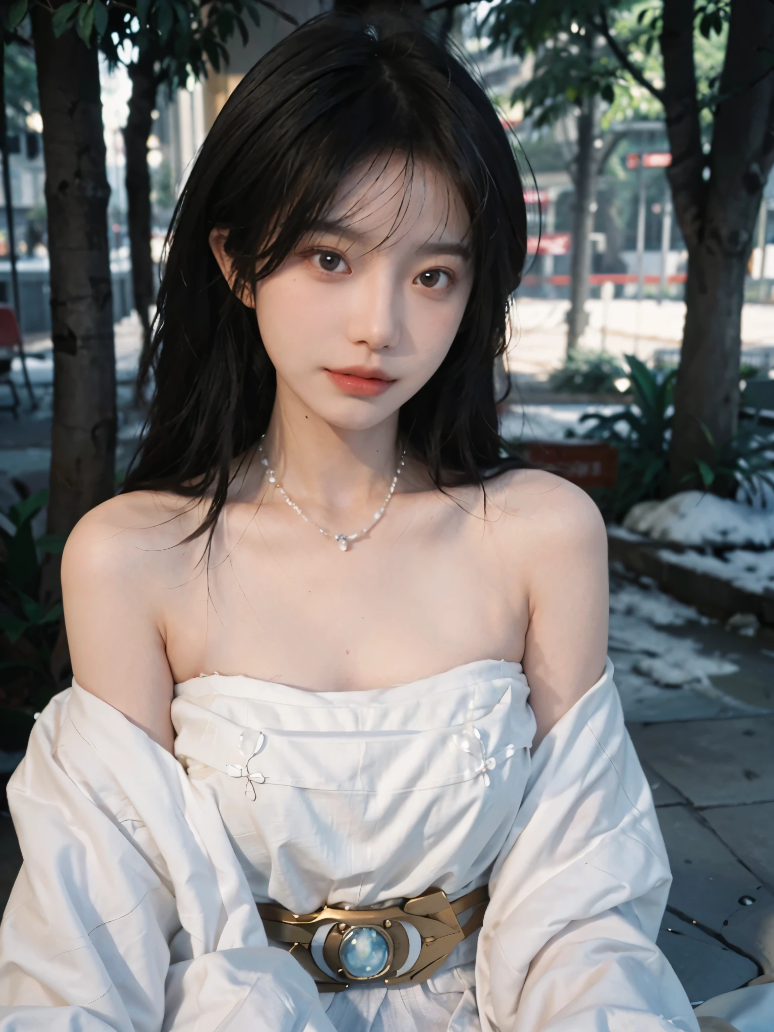 Film portrait photography, 2 girls, bare shoulders, Shoulder length wavy hair, white coat，Snow white sling， gemstone necklace，(Realistic and detailed eyes, natural skin texture, Realistic facial details),, depth of field, Bokeh, Vibrant details, Detailed and detailed, Surrealism, 35mm film, hazy, ,self-shot，